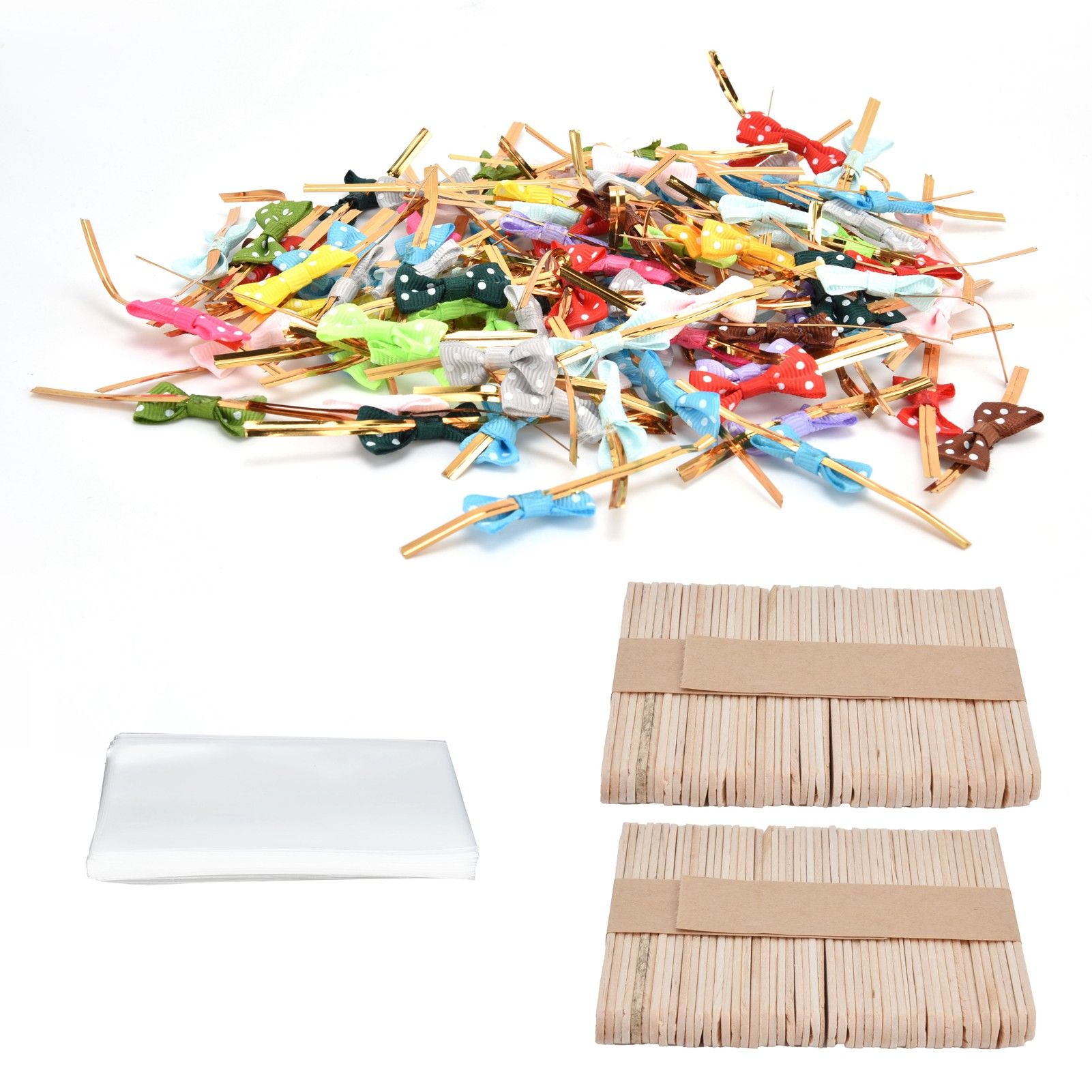 100Set Lollipop PVC Treat Bags Bowknot Ties Wood Sticks for Chocolate Candy view 8
