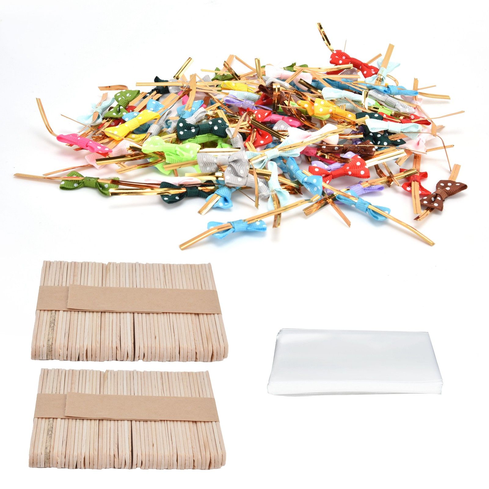 100Set Lollipop PVC Treat Bags Bowknot Ties Wood Sticks for Chocolate Candy view 9
