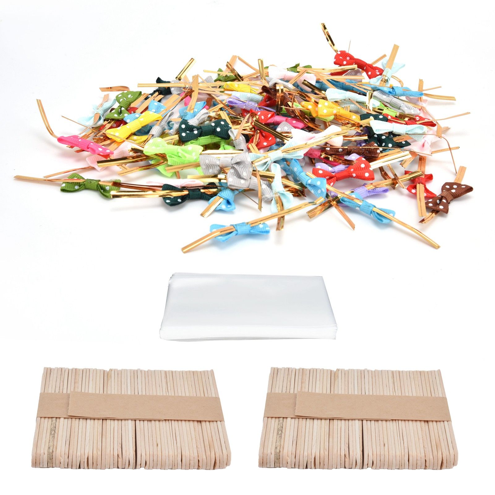 100Set Lollipop PVC Treat Bags Bowknot Ties Wood Sticks for Chocolate Candy view 10