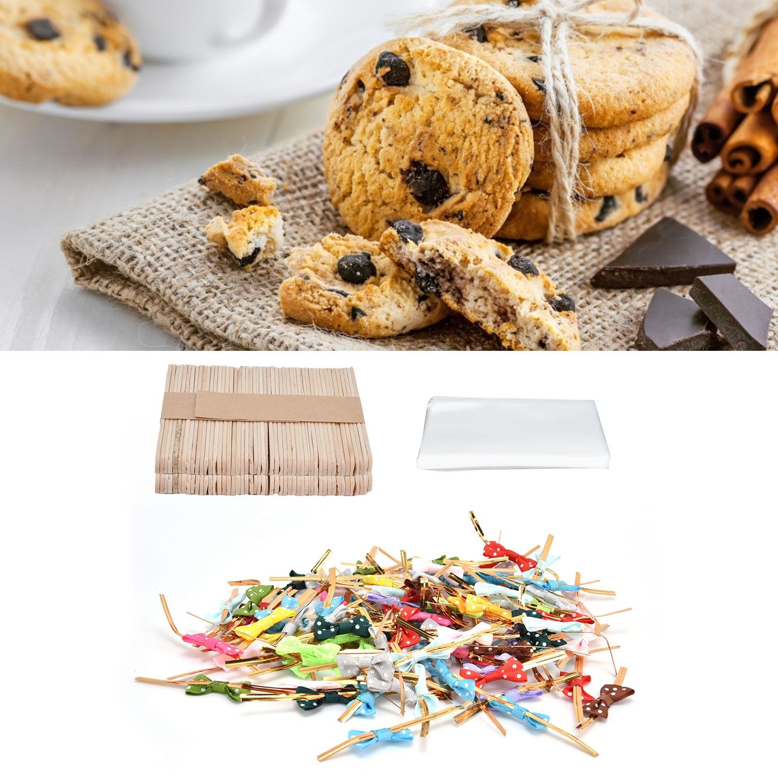 100Set Lollipop PVC Treat Bags Bowknot Ties Wood Sticks for Chocolate Candy view 11