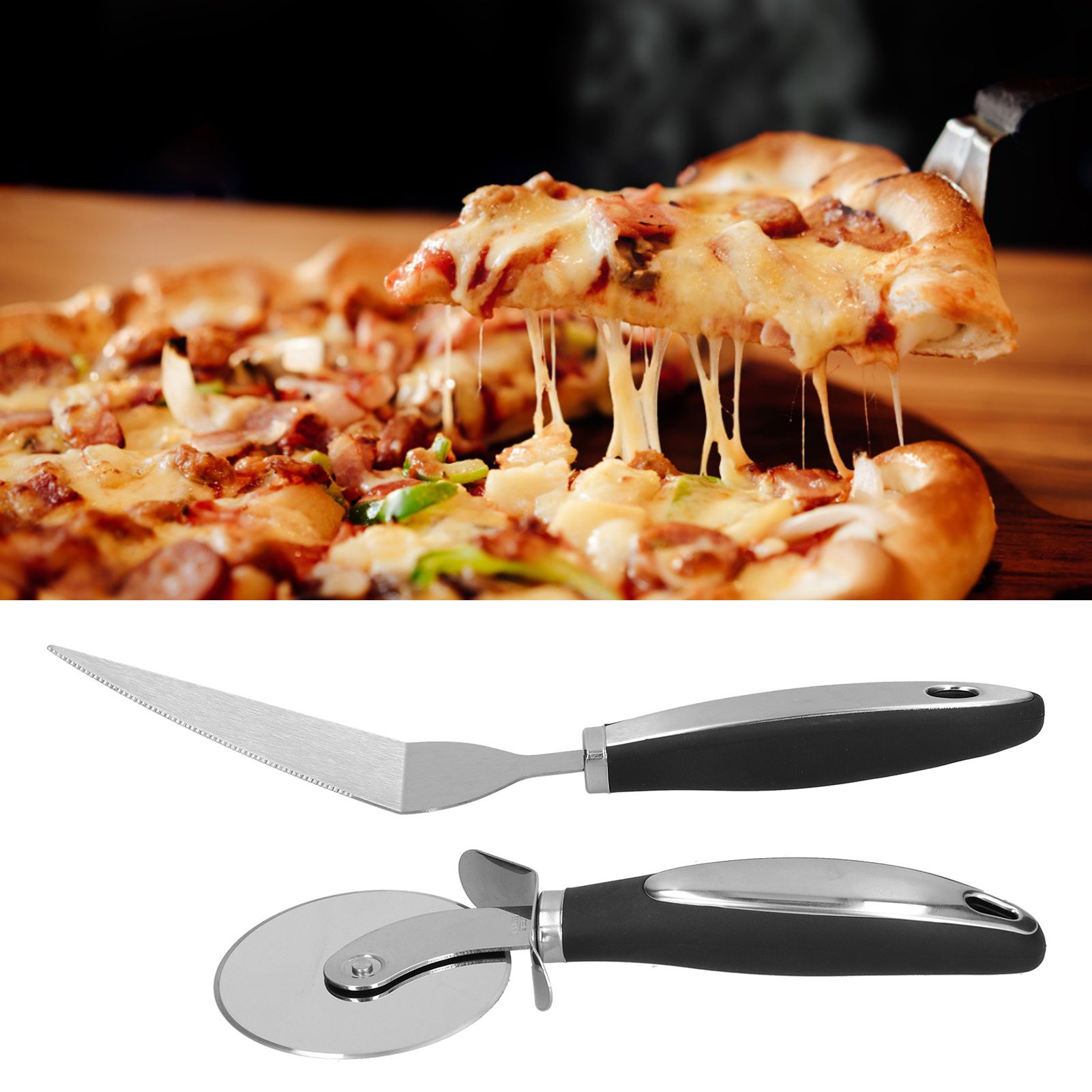 2Pcs set Pizza Cutter Spatula Stainless Steel Pizza Spatula Spade with Non view 12
