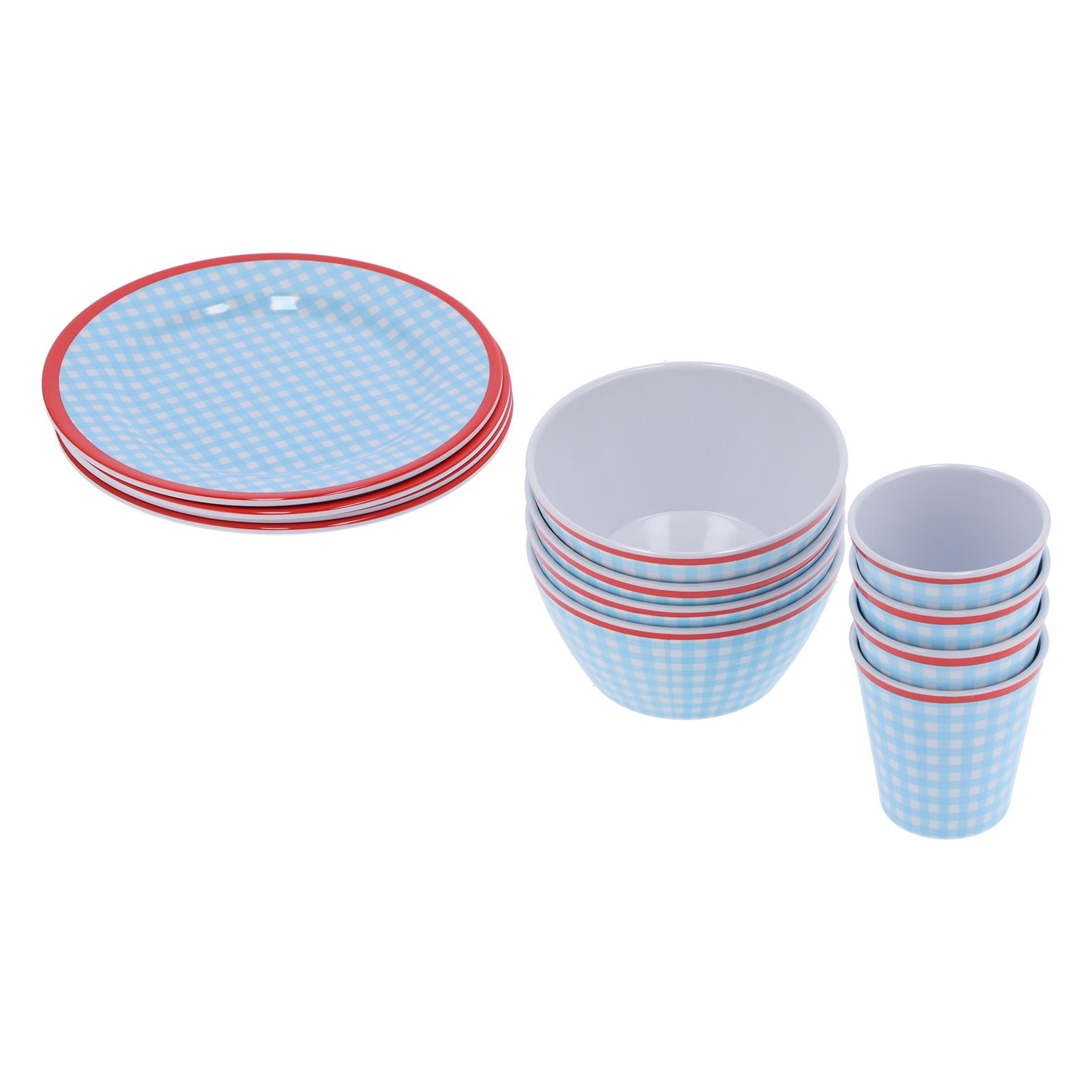 12Pcs/Set Household Dinnerware Light Blue Grid Cup Bowl Plate for Home Kitchen