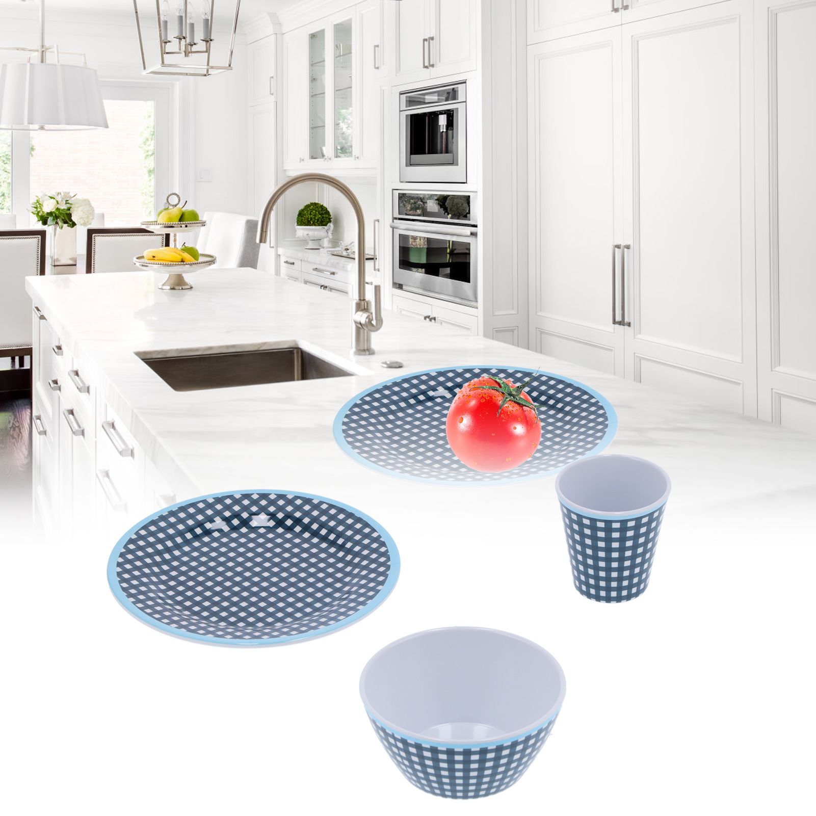 12Pcs/Set Tableware Set Dark Blue Grid Melamine Cup Bowl Plate for Home view 11