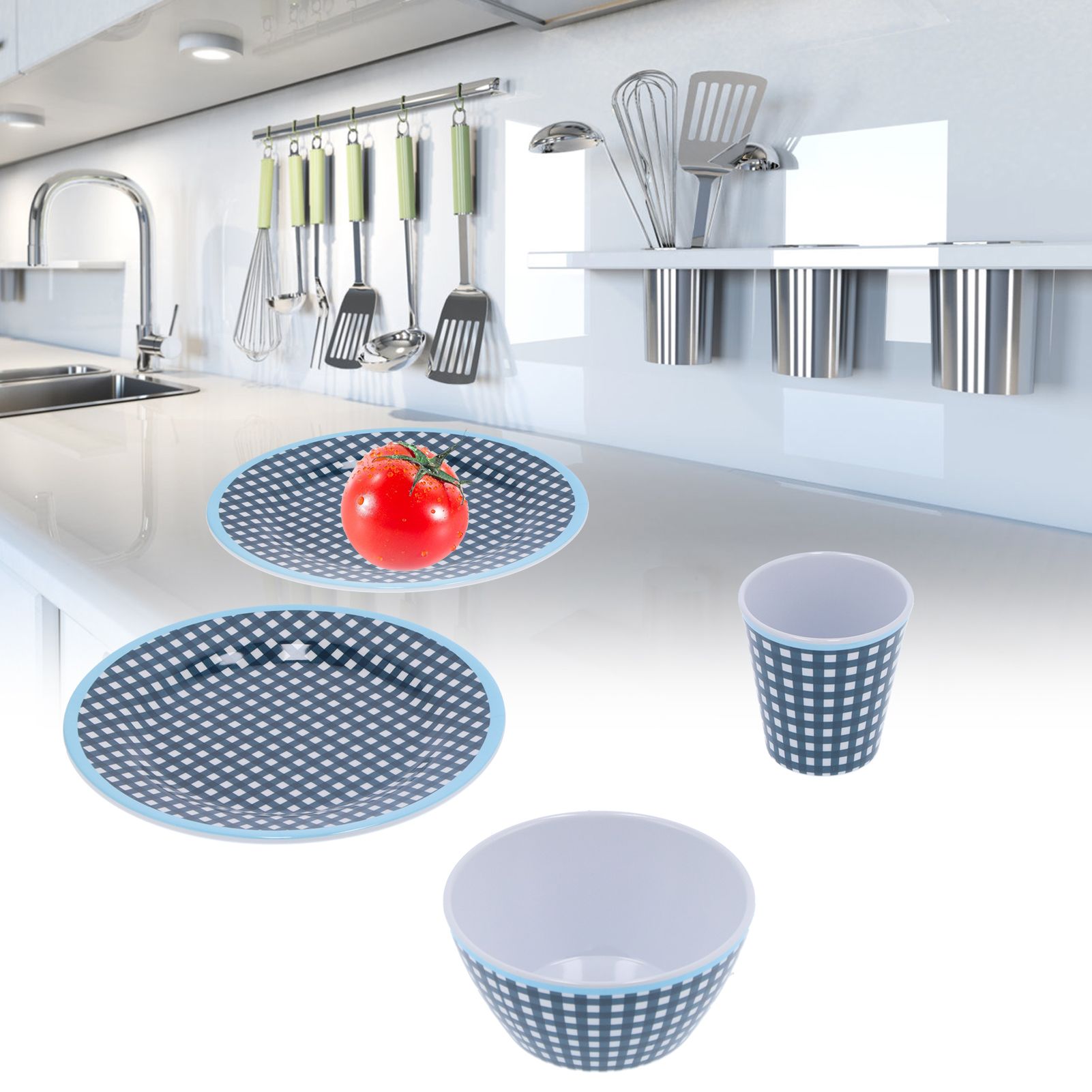 12Pcs/Set Tableware Set Dark Blue Grid Melamine Cup Bowl Plate for Home view 12