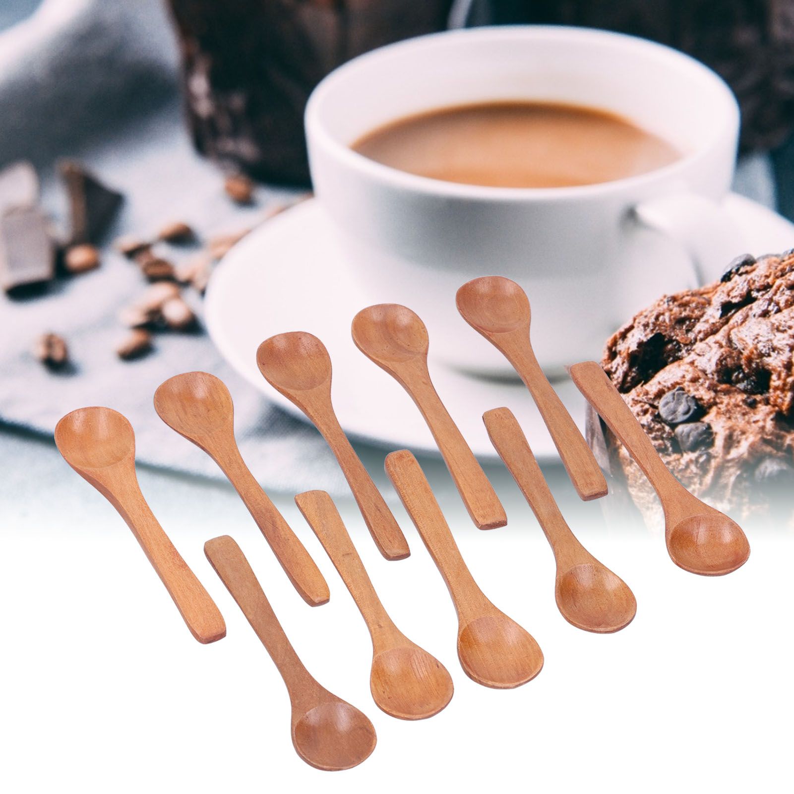 10pcs Wooden Spoon Children's Tableware Mini Round Seasoning Spoon with Long view 11