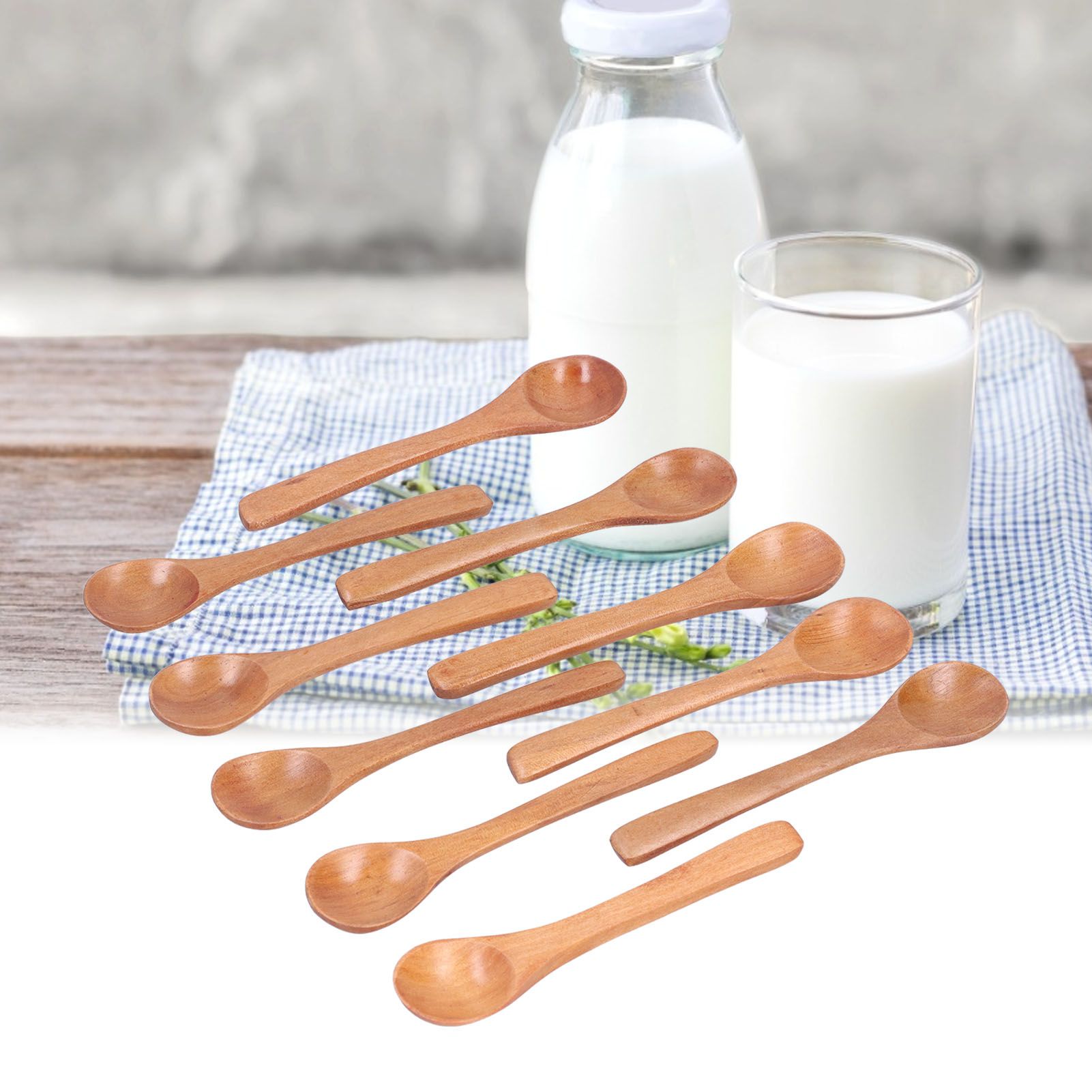 10pcs Wooden Spoon Children's Tableware Mini Round Seasoning Spoon with Long view 12