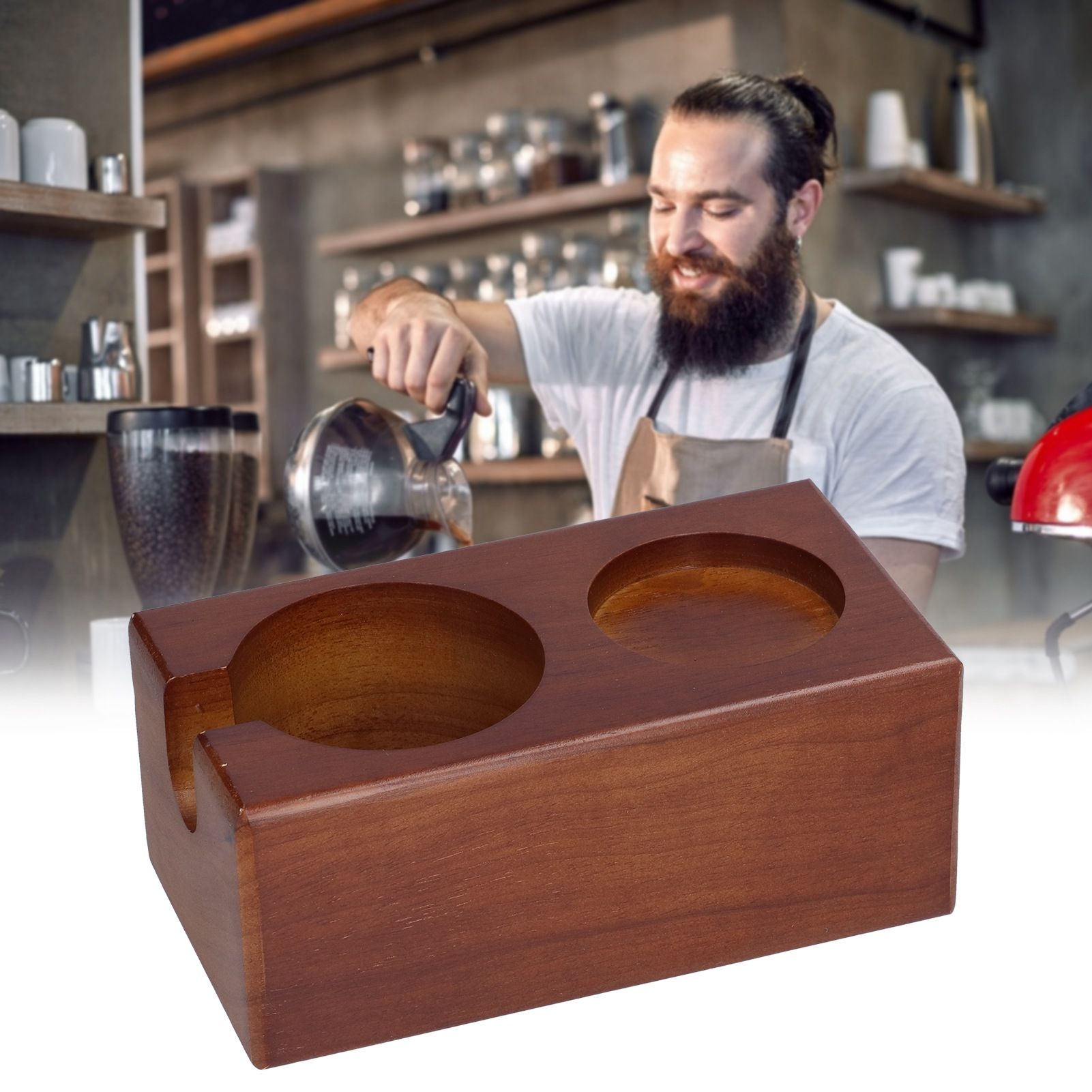 2 Hole Coffee Tamper Holder Beech Coffee Handle Mat Pad Stand for Home view 11