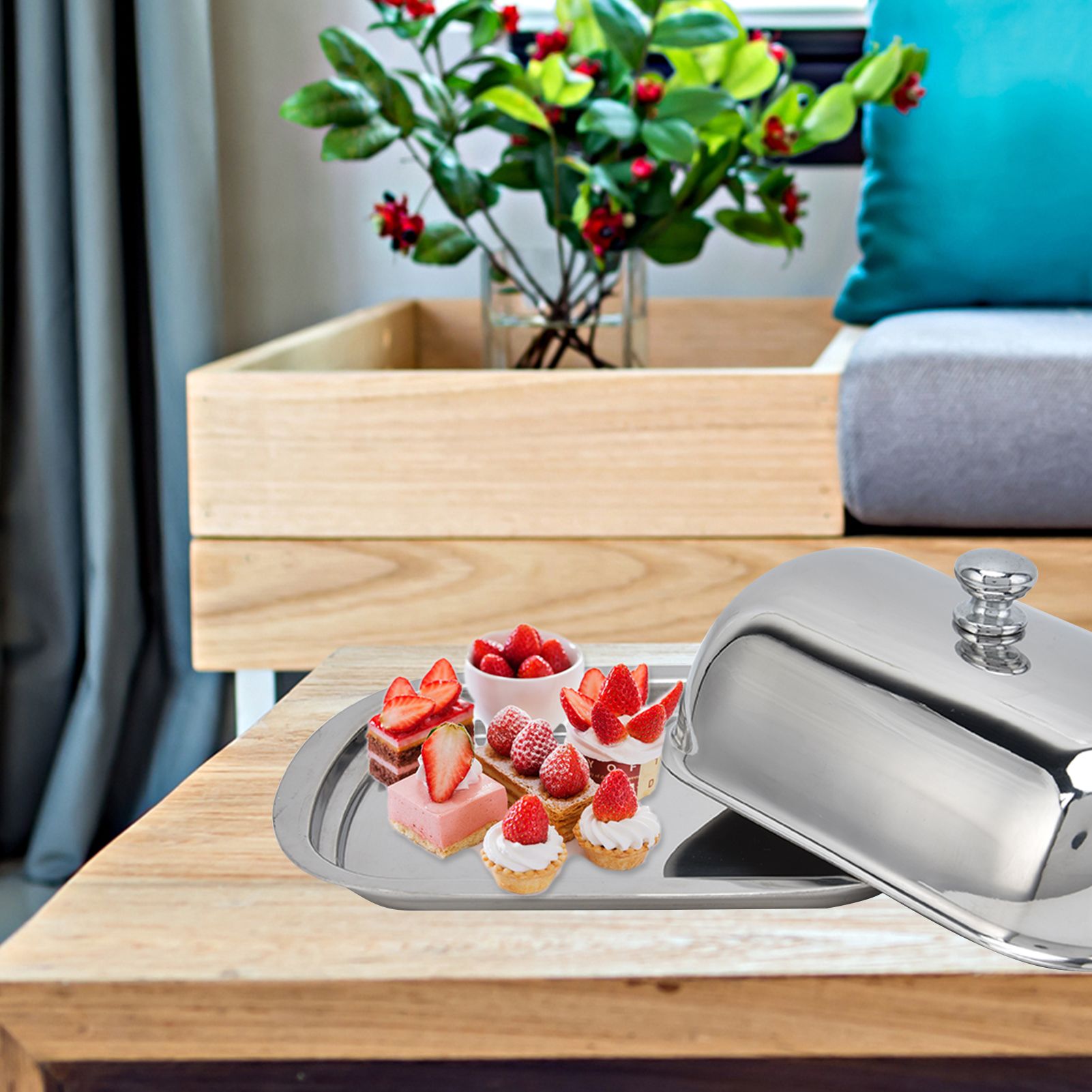 Stainless Steel Butter Dish HighGloss Dessert Bread Cheese Cake Box Food view 11