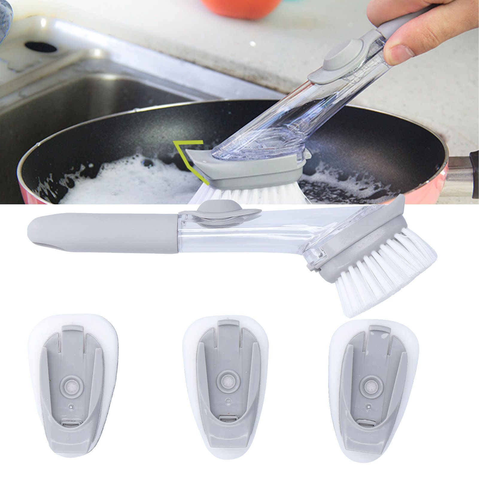 Soap Dispensing Dish Brush Sink Dish Cleaning Scrubber with Handle Hanging view 11