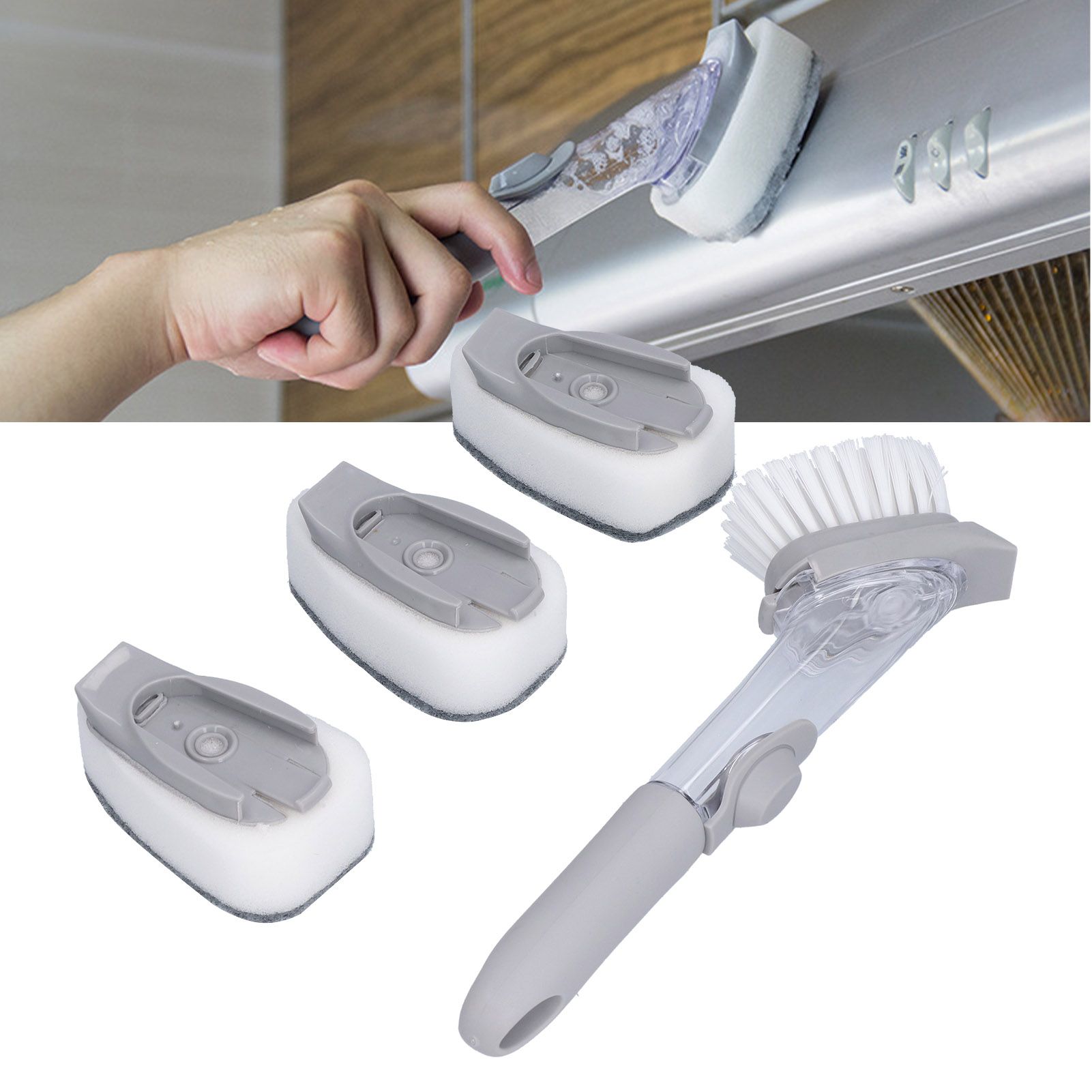 Soap Dispensing Dish Brush Sink Dish Cleaning Scrubber with Handle Hanging view 12