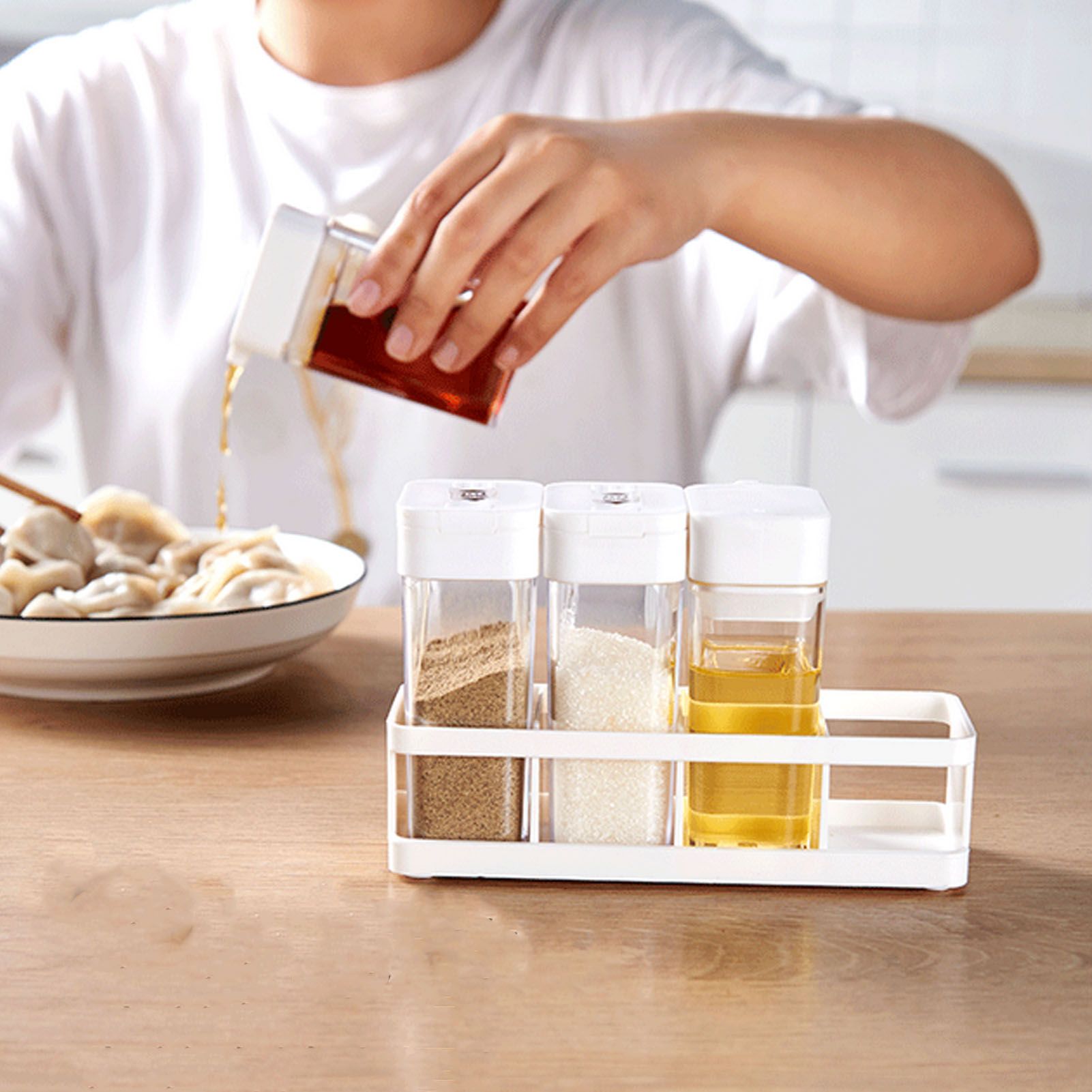 4 Grid Seasoning Box Kitchen Condiment Container 2 Spice Bottles 2 Oil Jars view 9