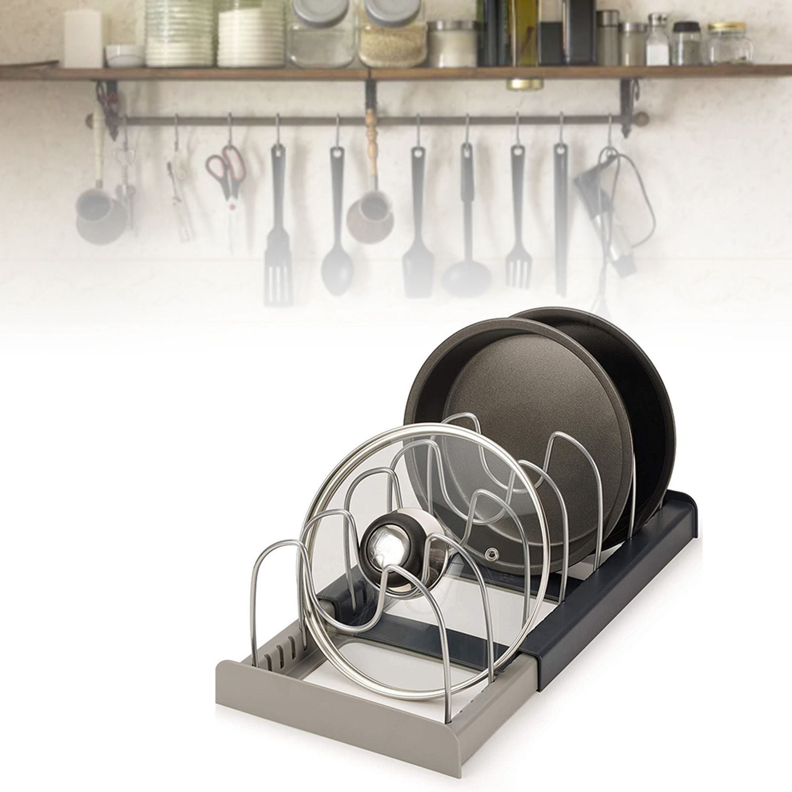 Expandable Pot Lid Organizer Rack PP Stainless Steel Pot Lid Holder Cutting view 7
