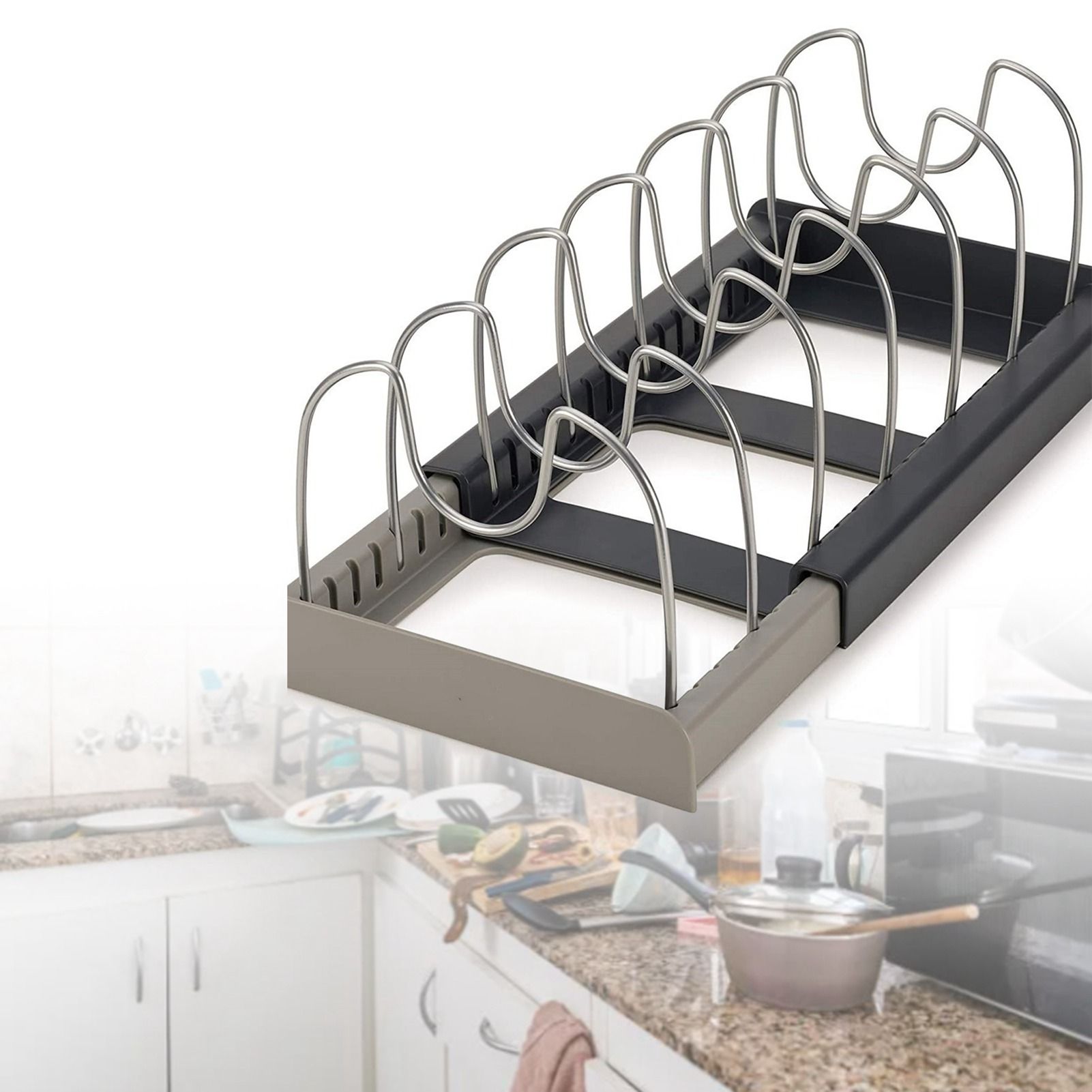 Expandable Pot Lid Organizer Rack PP Stainless Steel Pot Lid Holder Cutting view 8