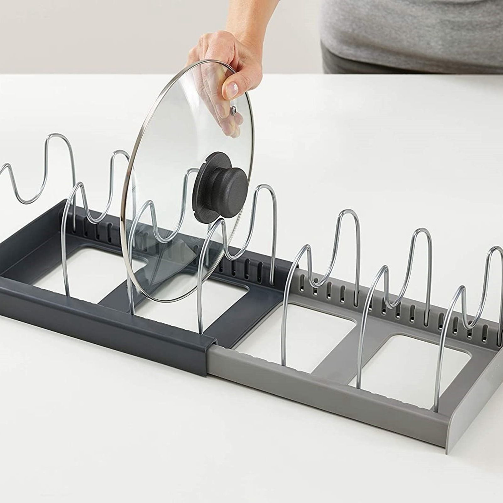 Expandable Pot Lid Organizer Rack PP Stainless Steel Pot Lid Holder Cutting view 10