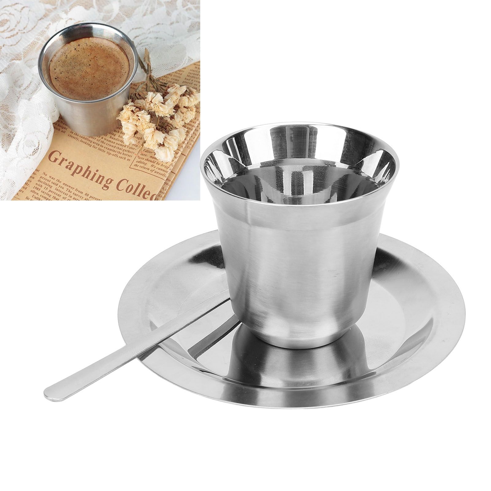 Coffee Cup Set with Saucer Spoon 80ml Double Wall Insulated 304 Stainless view 12