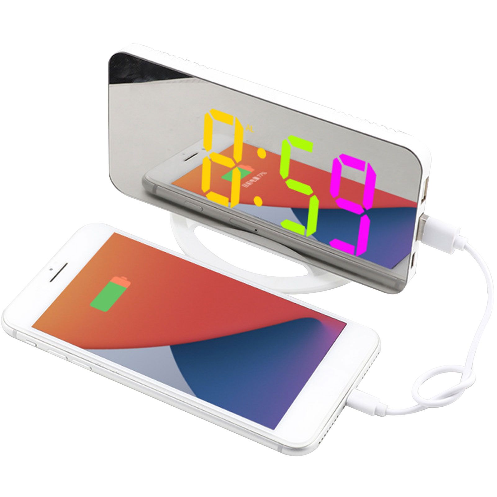 LED-RGB Colorful Digital Alarm Clock with Mirror Large Display 2 USB Chagring view 4