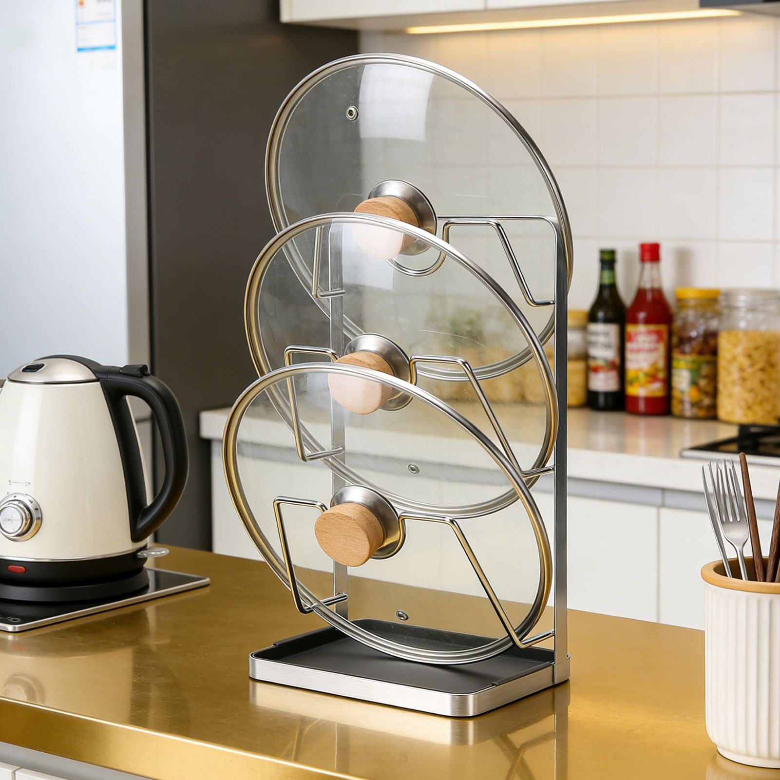 Countertop Pot Lid Holder Stainless Steel Cutting Board Organizer Pot Pan Lids view 12