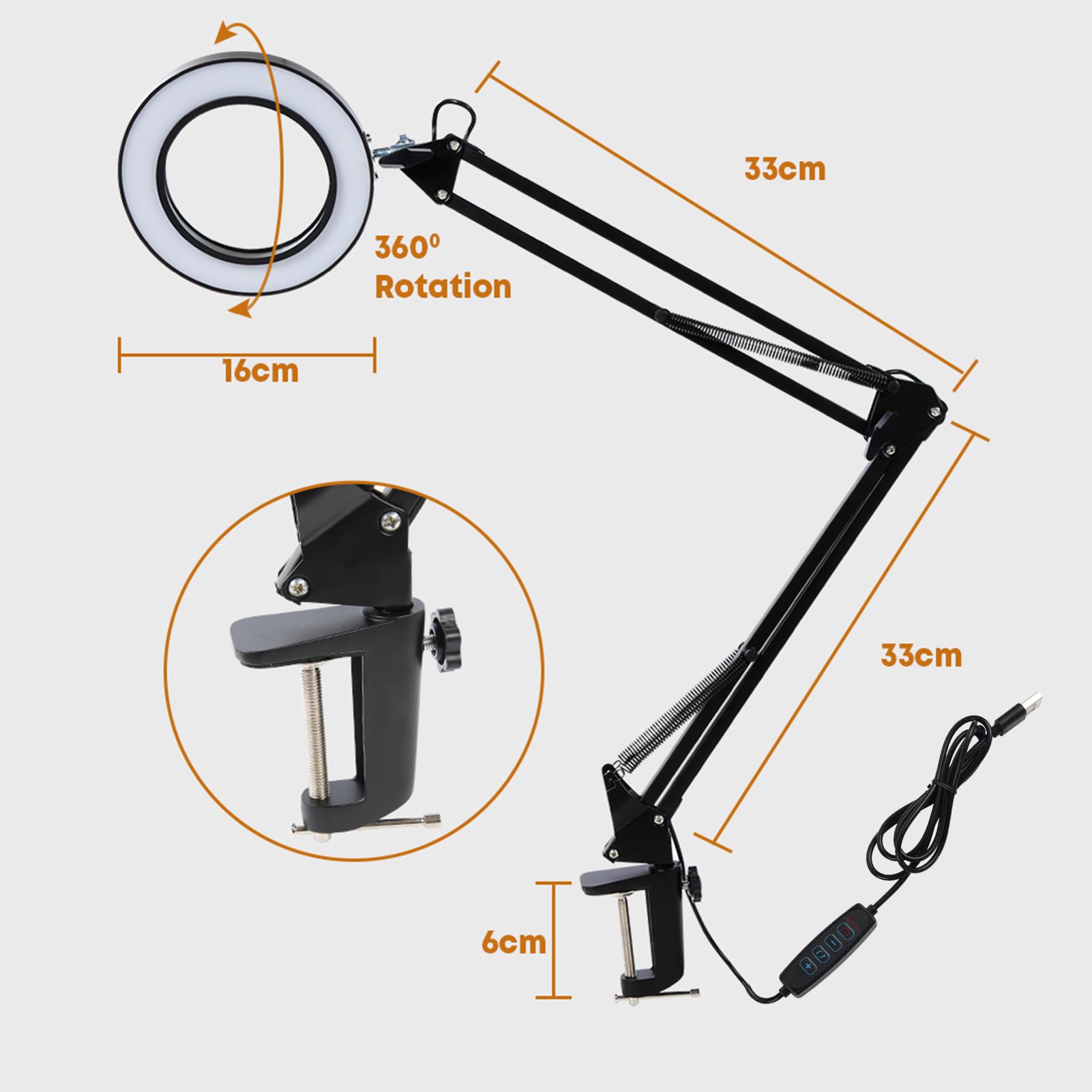 USB Crank Arm 5X Magnifying Glass Clip Light Repair Lamp view 5