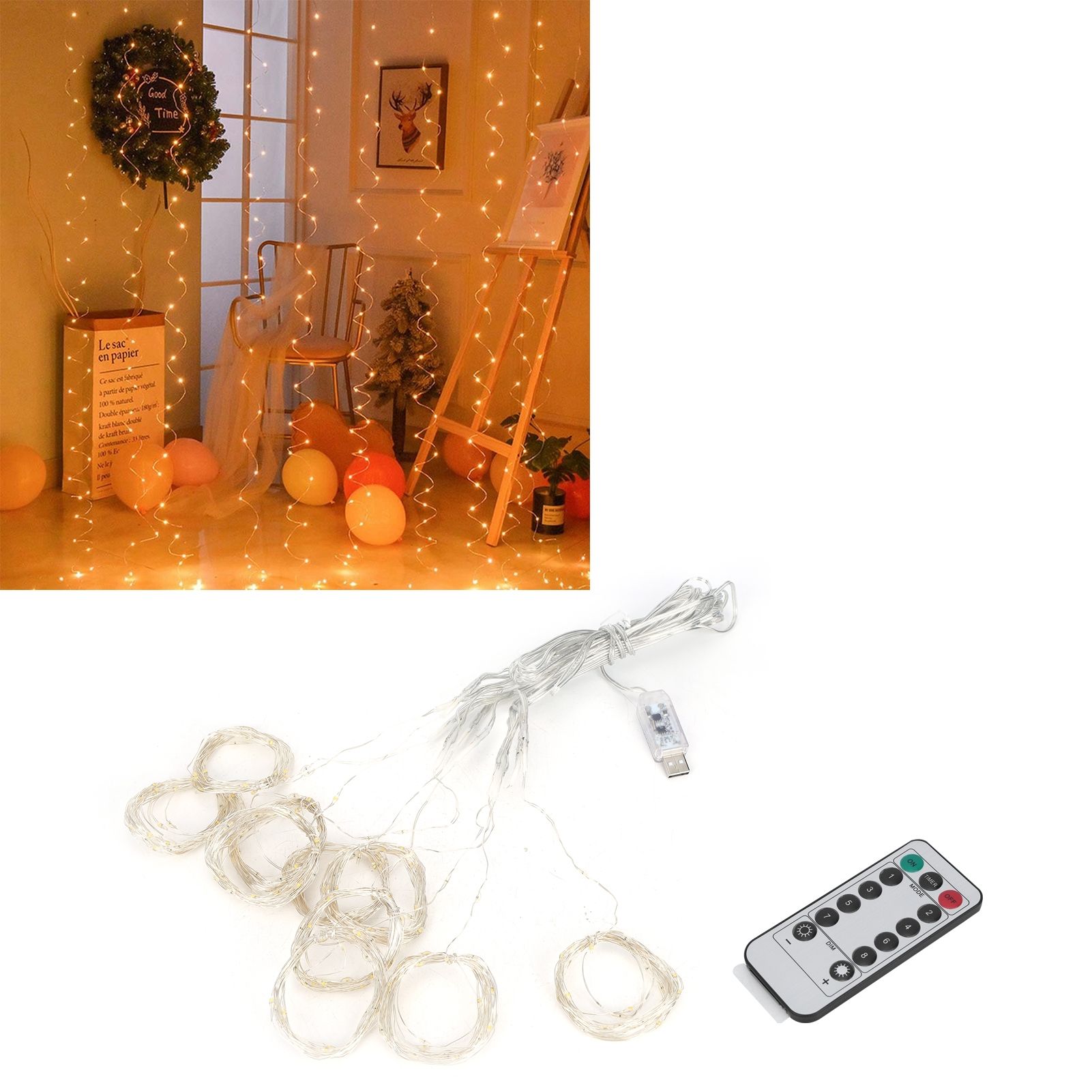 3x3m USB 300LED Chips Curtain Light String with Remote Control for Home Party view 9
