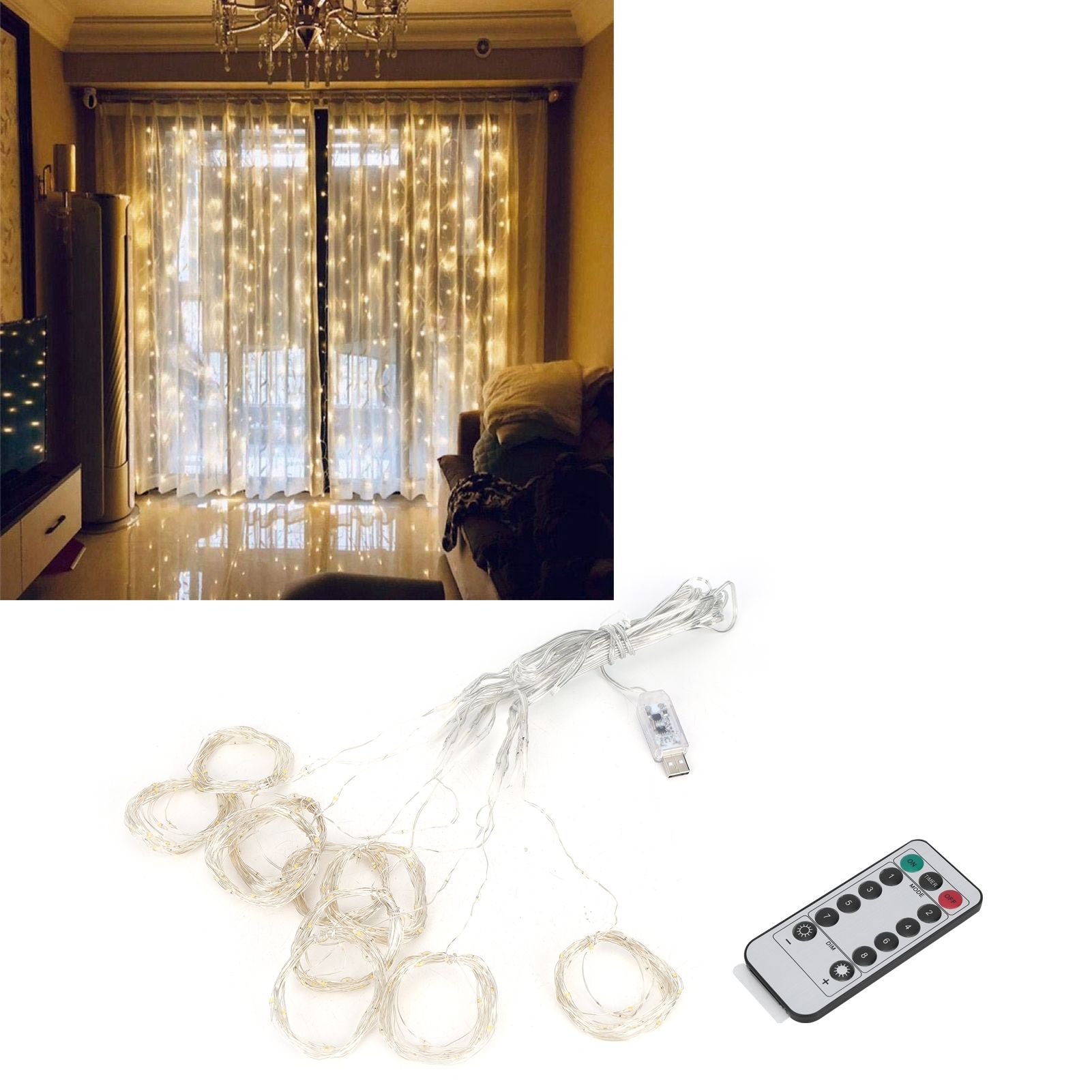 3x3m USB 300LED Chips Curtain Light String with Remote Control for Home Party view 10