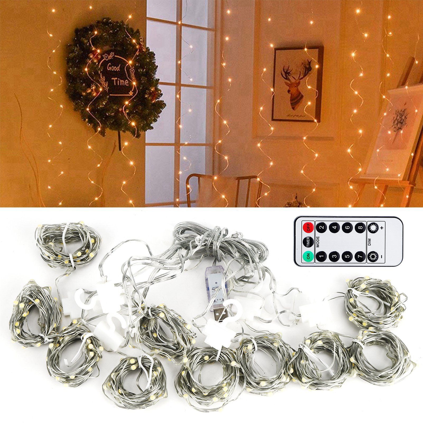 3x3 m 300LED Curtain String Light USB Remote Control Lamp Christmas Wedding view 9