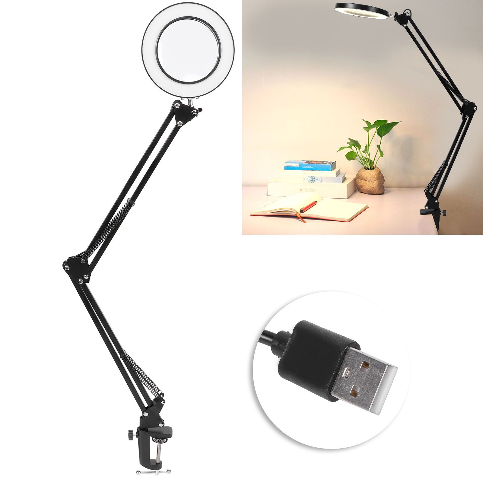 LED 5X Magnifying Lamp with Clamp USB Dimmable Desk Magnifier Light for view 9