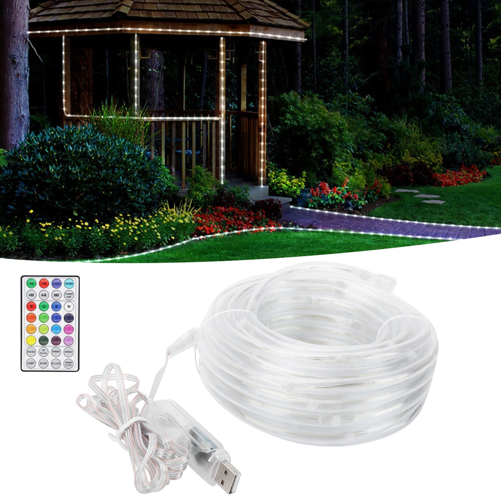10m RGB LED Rope Light Waterproof USB Remote Colorful String Lights Outdoor view 10