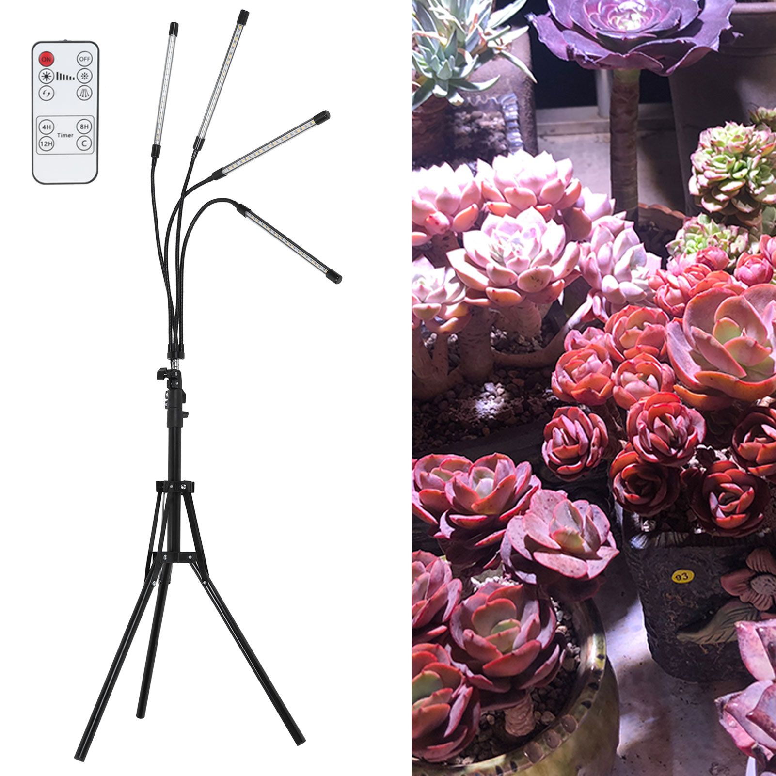 4‑Head Grow Light Tripod Stand LED Plant Growth Light with Remote Timing view 12