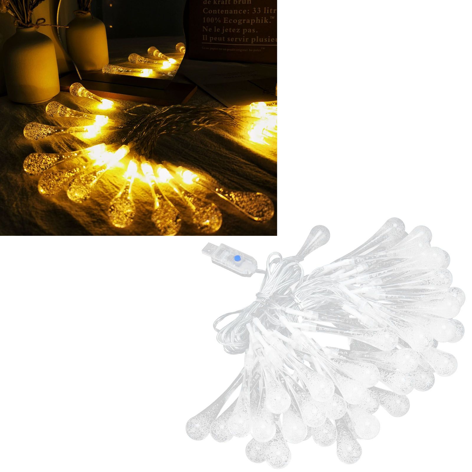 50LED String Lights IP45 16 Colors USB Remote Water Drop Lamp for Outdoor view 11