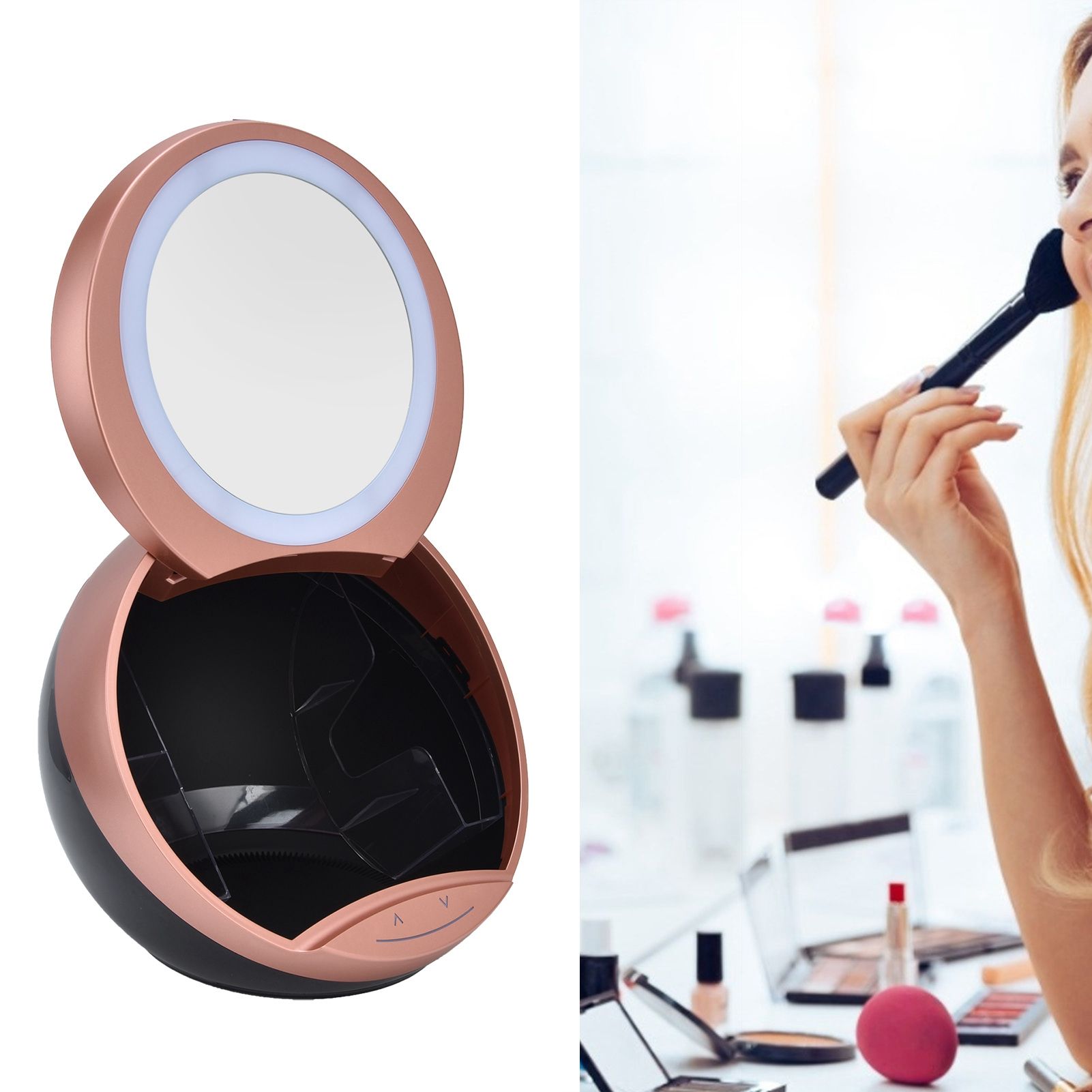 Round Makeup Mirror Dimmable White LED 2 In 1 USB Charging Cosmetic Mirror view 12