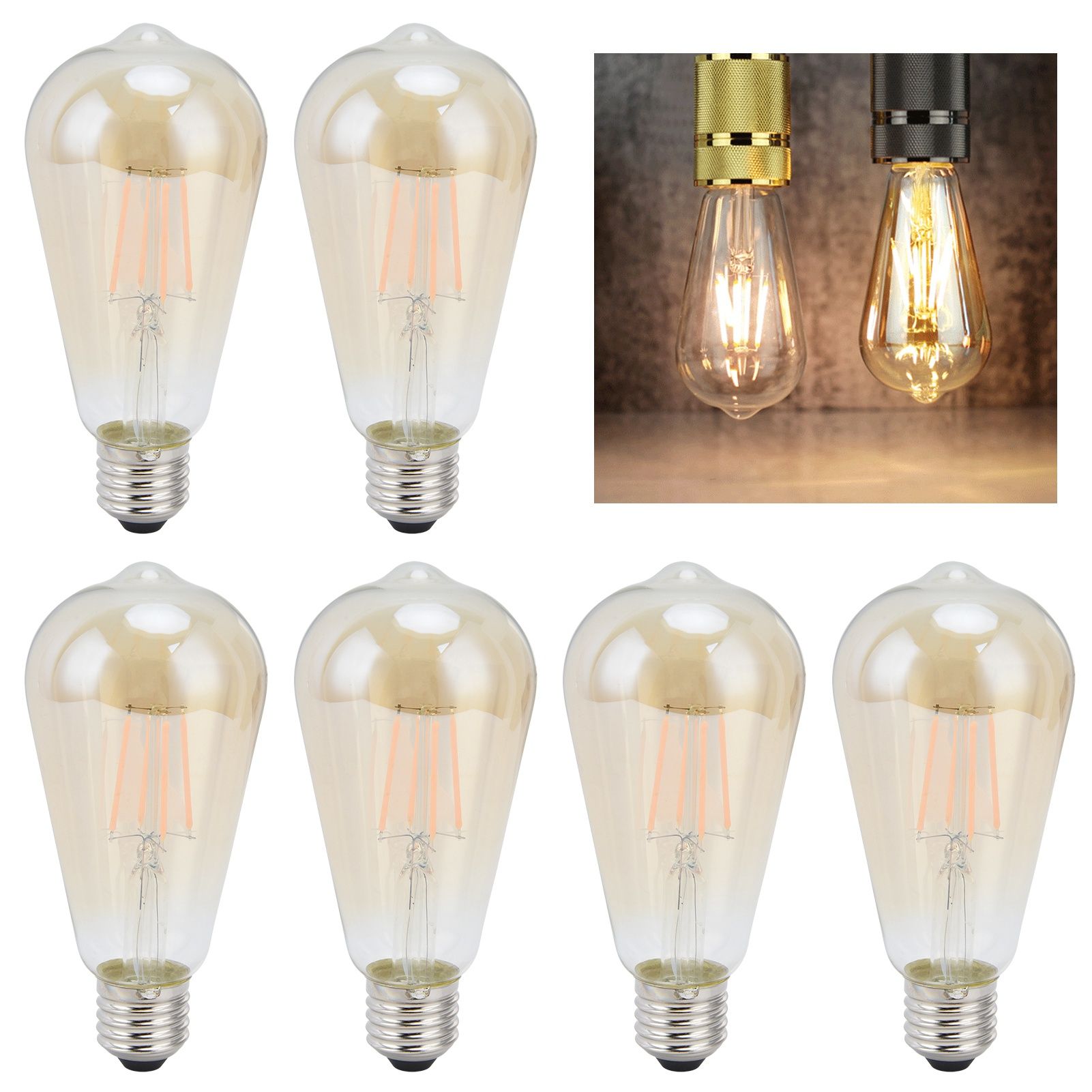 6PCS ST64 LED Filament Lamp Vintage Bulbs E27 Base Gold Glass Bulb Warm Light view 12