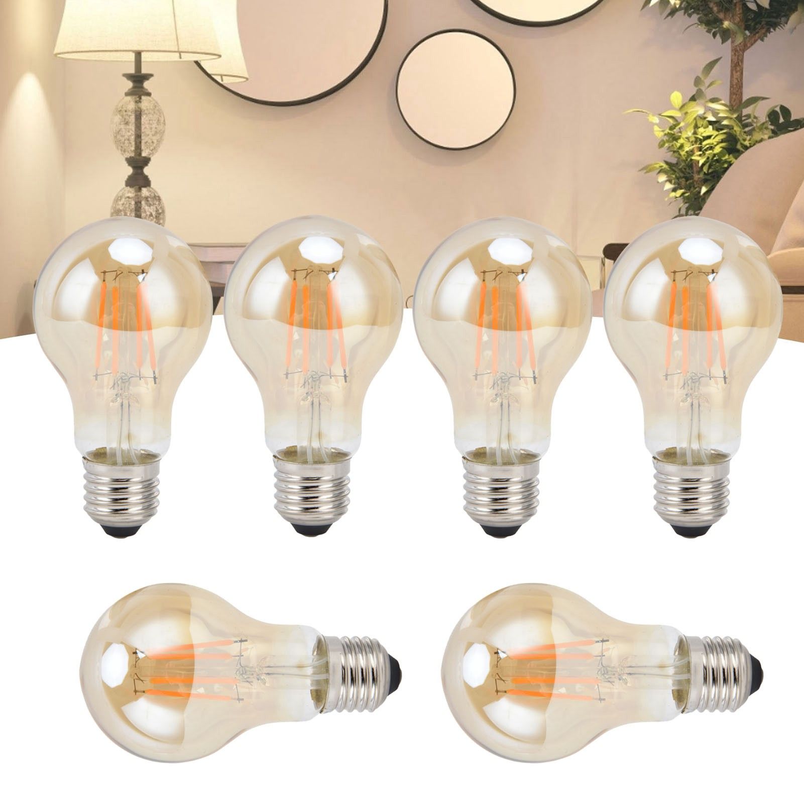 6PCS A60 LED Filament Lamp Antique Vintage Bulbs 4W E27 Base Gold Glass Bulb view 11