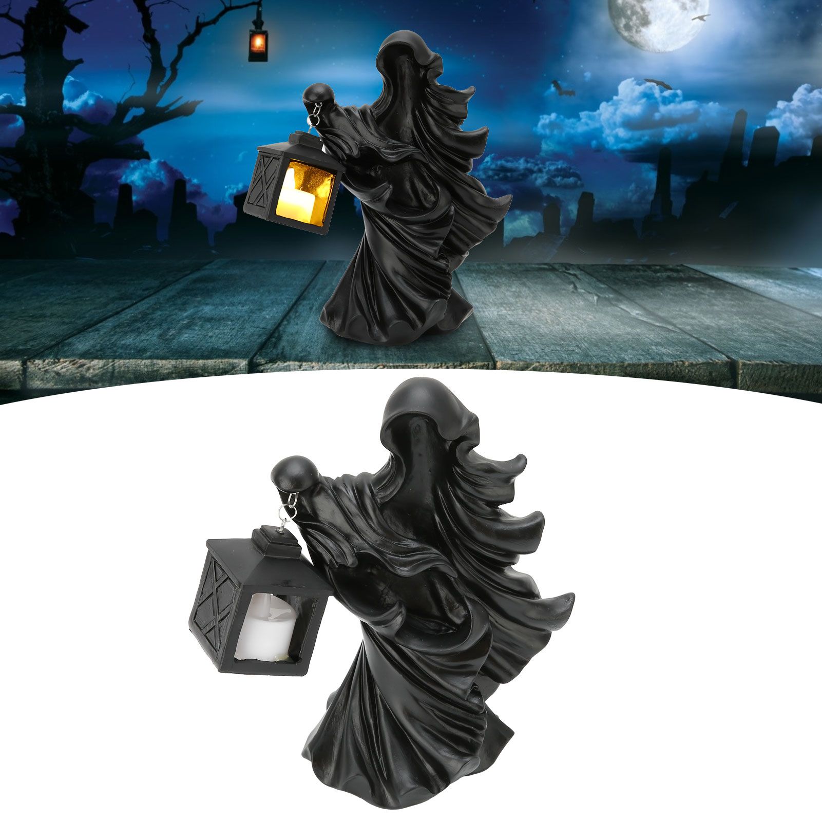 LED Halloween Ornament Resin Witch Sculpture Statue Lantern for Garden Terrace view 11
