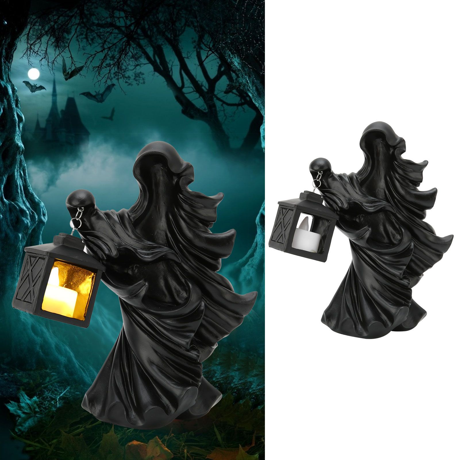 LED Halloween Ornament Resin Witch Sculpture Statue Lantern for Garden Terrace view 12