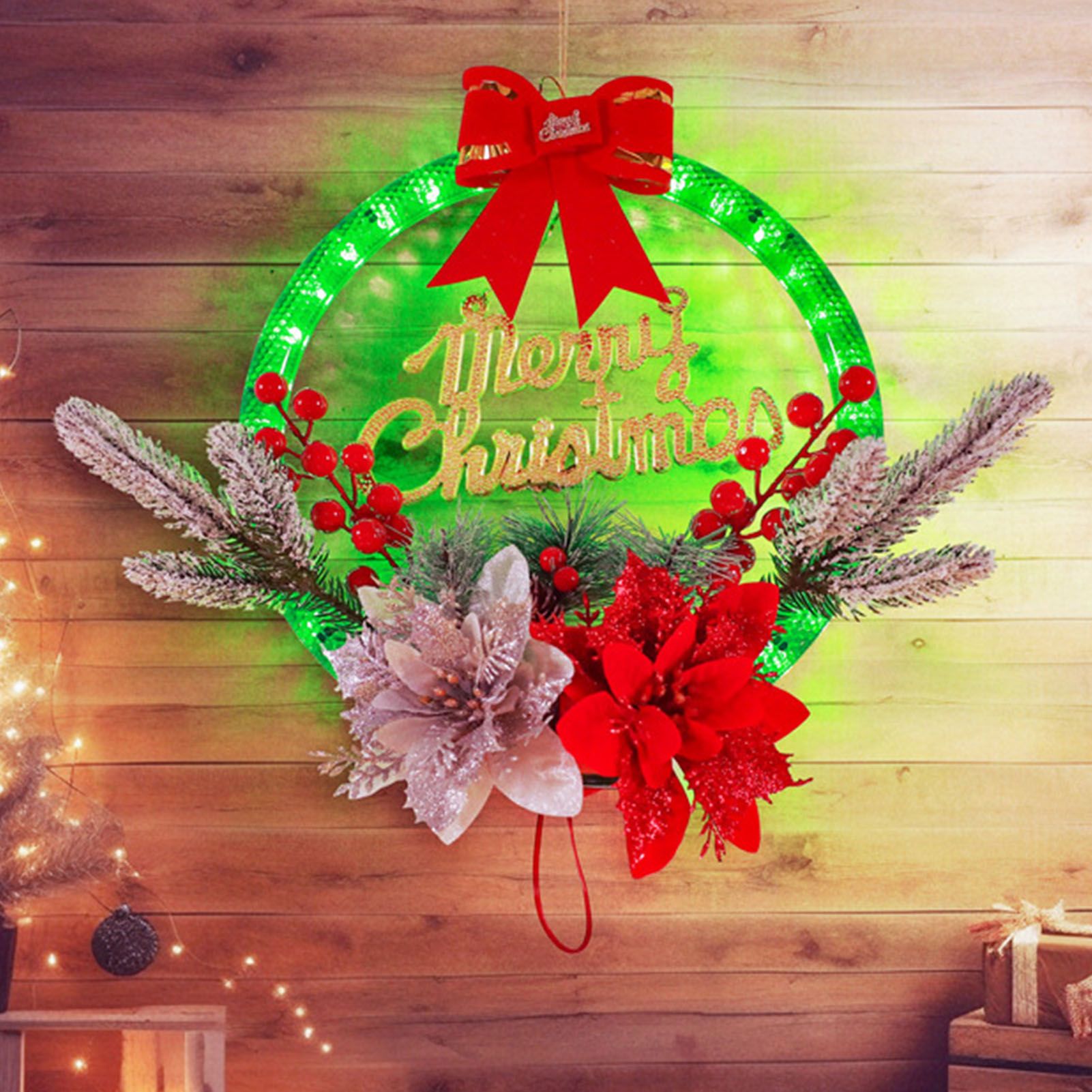 Christmas Wreath Light Decoration Artificial Red Berry Pine Needle LED Lighted view 8