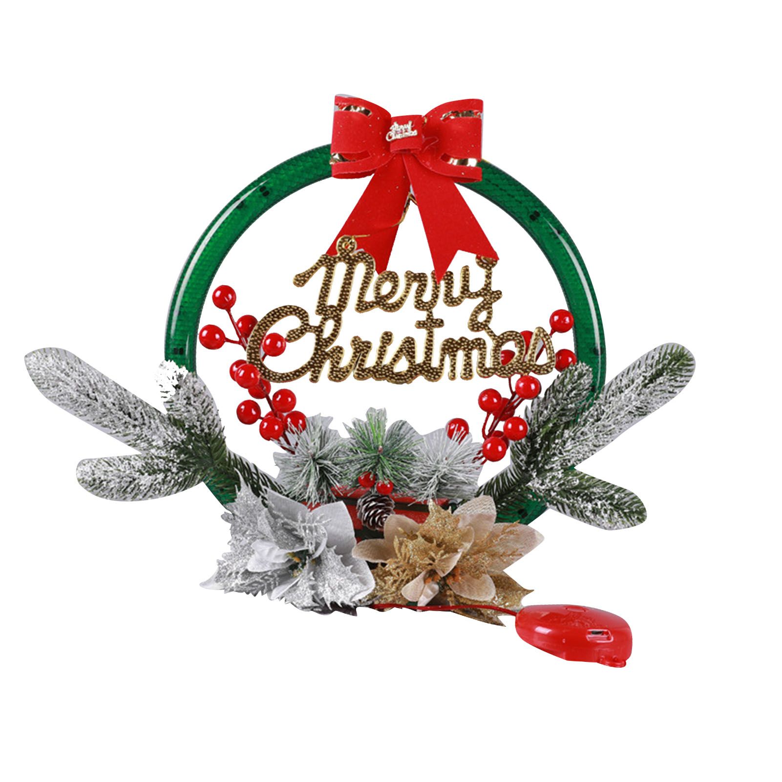 Christmas Wreath Light Decoration Artificial Red Berry Pine Needle LED Lighted