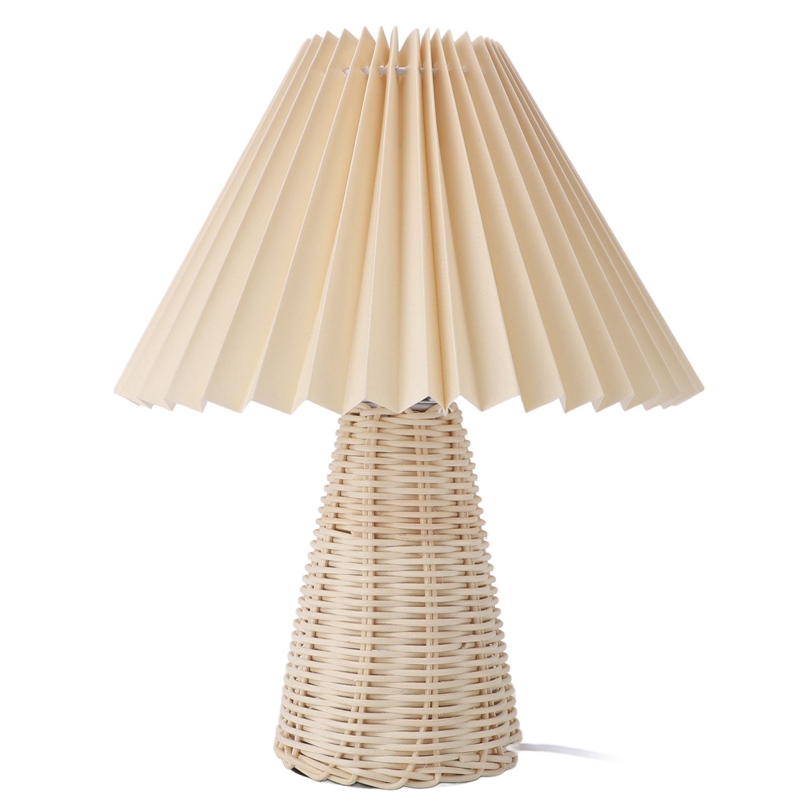 Pleated Table Lamp with Remote Control Modern Beige Fabric Shade Rattan Base
