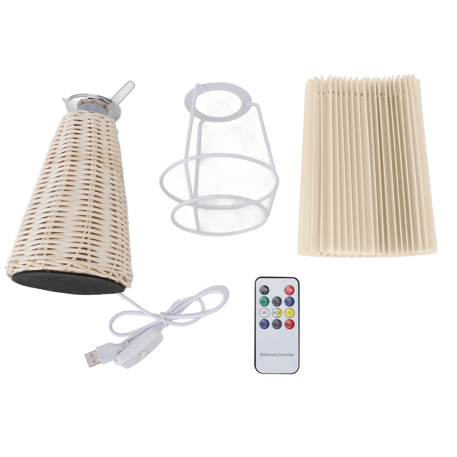 Pleated Table Lamp with Remote Control Modern Beige Fabric Shade Rattan Base view 3