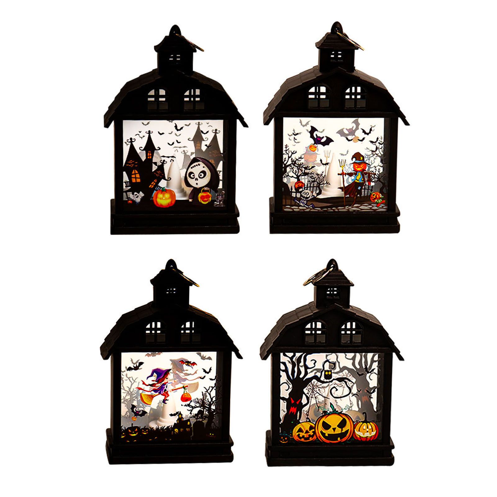 4 Pcs LED Candle Lantern Pumpkin Scarecrow Ghost Witch Pattern Holiday view 2