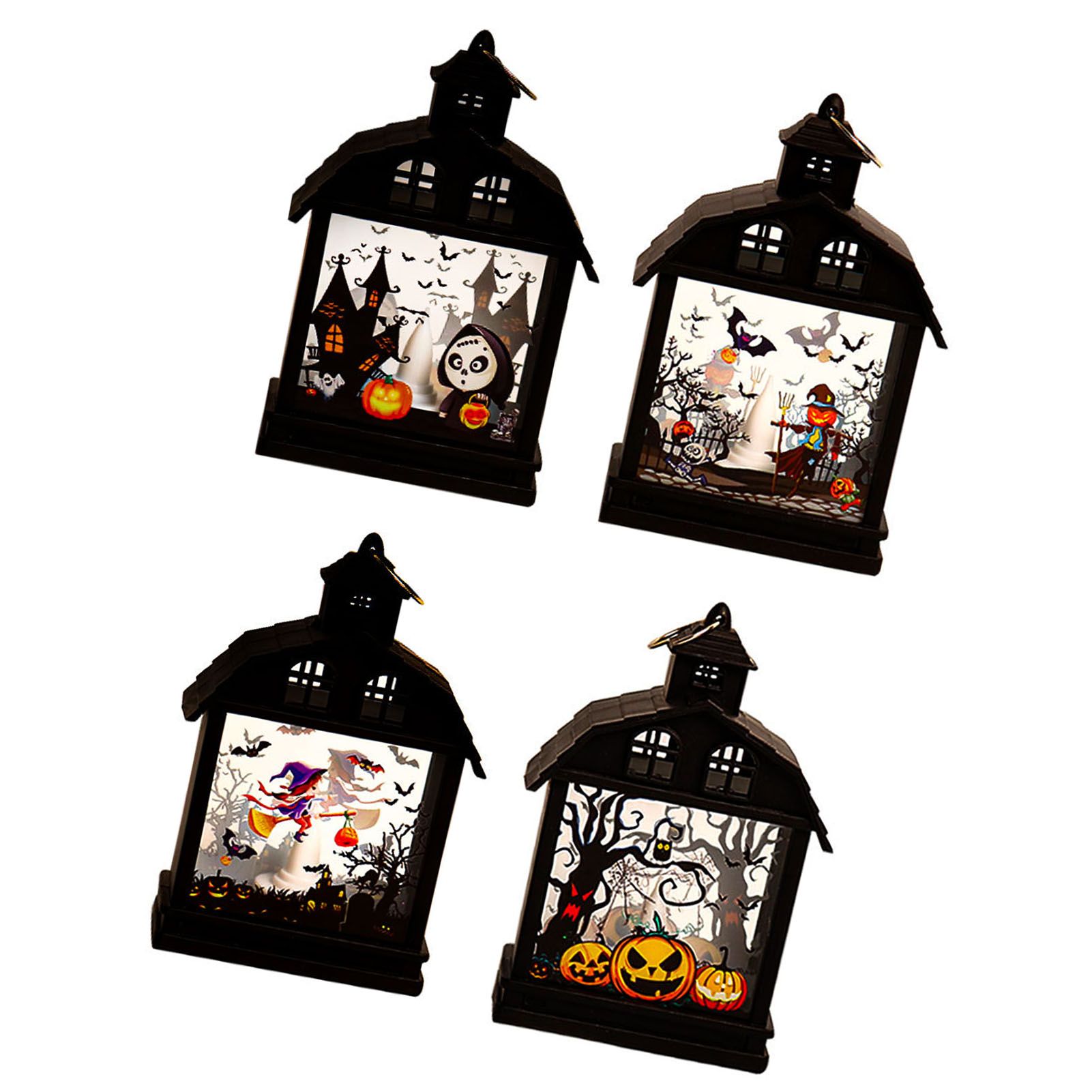 4 Pcs LED Candle Lantern Pumpkin Scarecrow Ghost Witch Pattern Holiday view 5