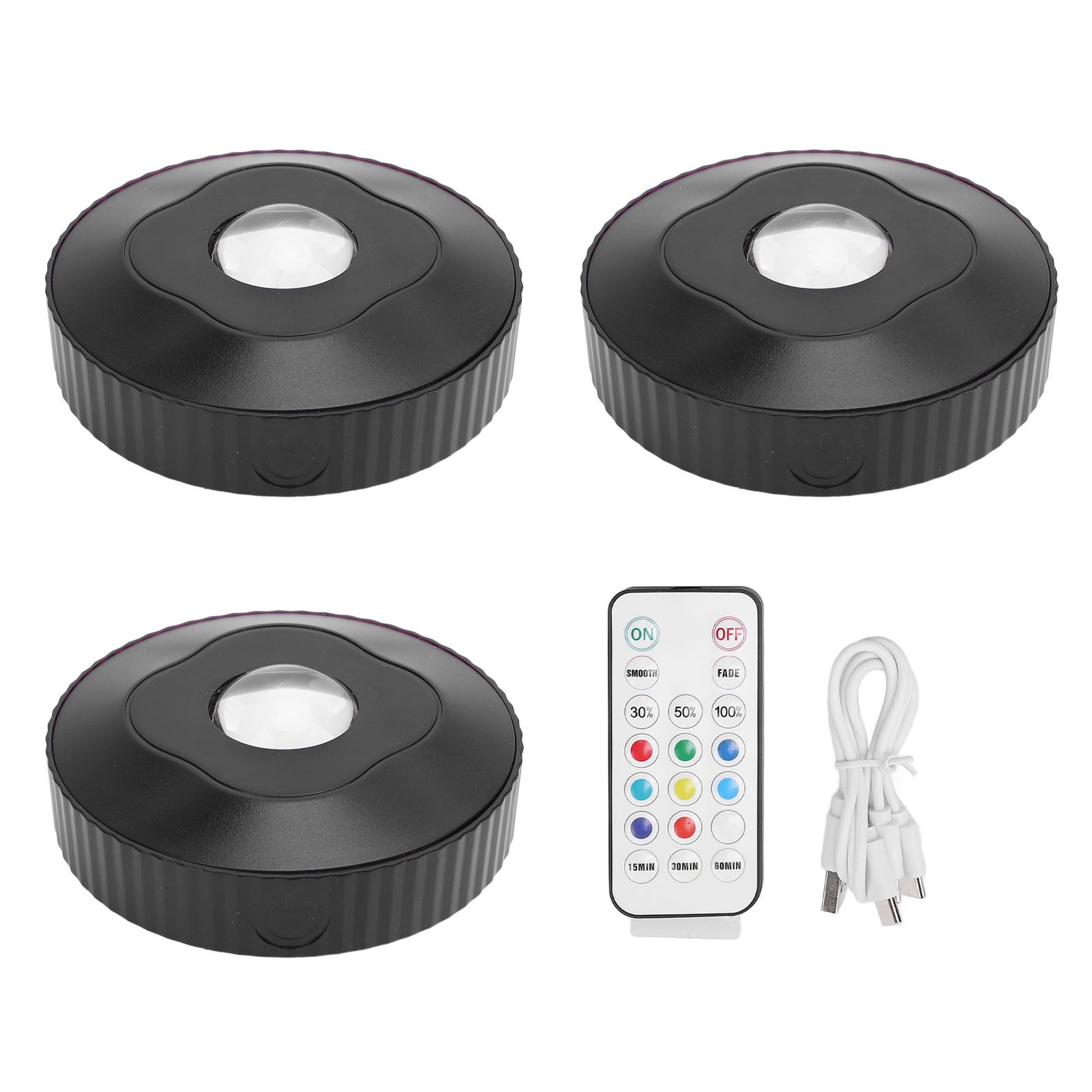 3PCS RGB Colorful Puck Light Battery Operated USB Rechargeable Under Cabinet view 3