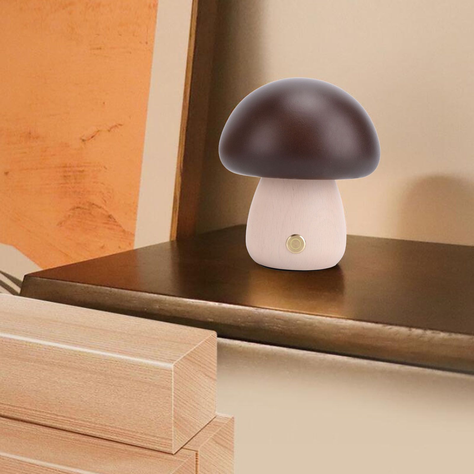 Small Wood Mushroom Lamp Night Light Cordless Bedside Touch Lamp USB view 11