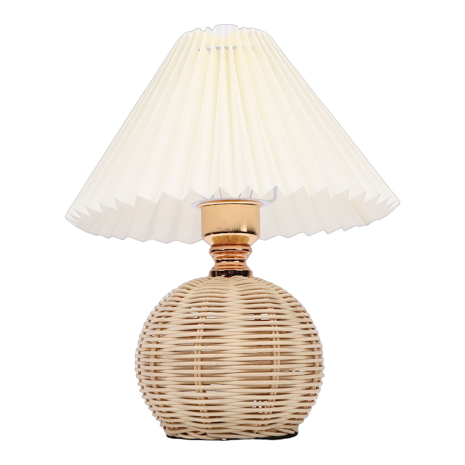 Pleated Table Lamp Soft Yellow Light Linen Lampshade Rattan Base Bedside Lamp