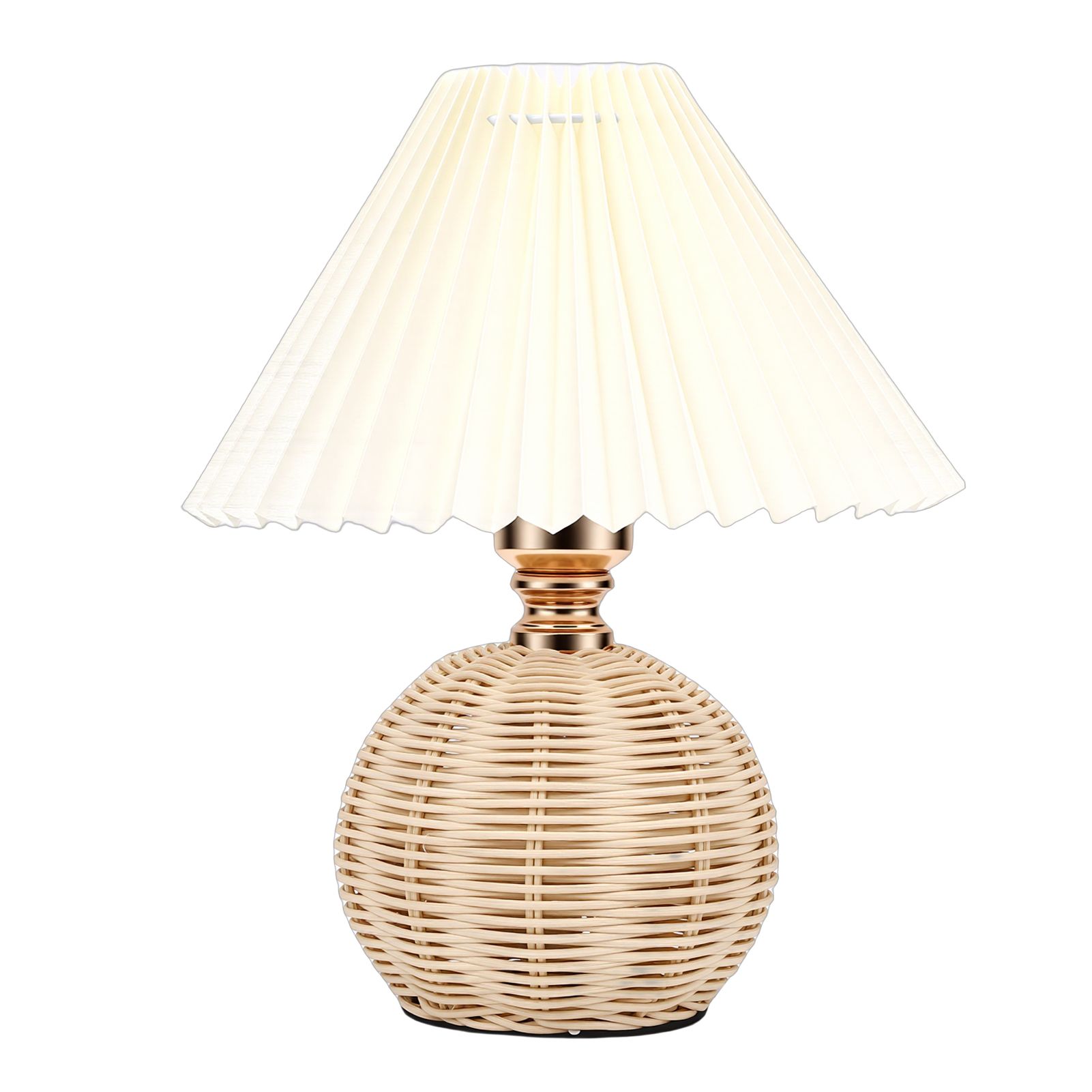 Pleated Table Lamp Soft Yellow Light Linen Lampshade Rattan Base Bedside Lamp view 3
