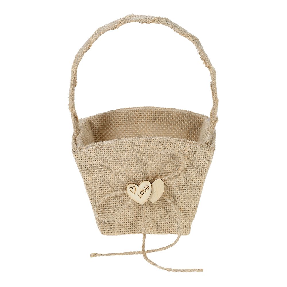 Vintage Rustic Wedding Burlap Flower Girl Basket with Wooden Heart Decoration