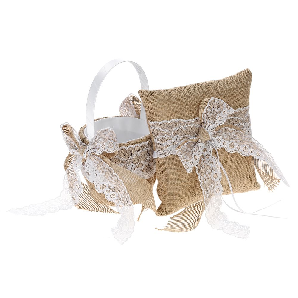 7 * 7 inches Vintage Burlap Lace Bowknot Ring Bearer Pillow and Rustic Wedding