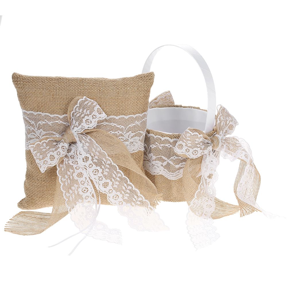 7 * 7 inches Vintage Burlap Lace Bowknot Ring Bearer Pillow and Rustic Wedding view 2