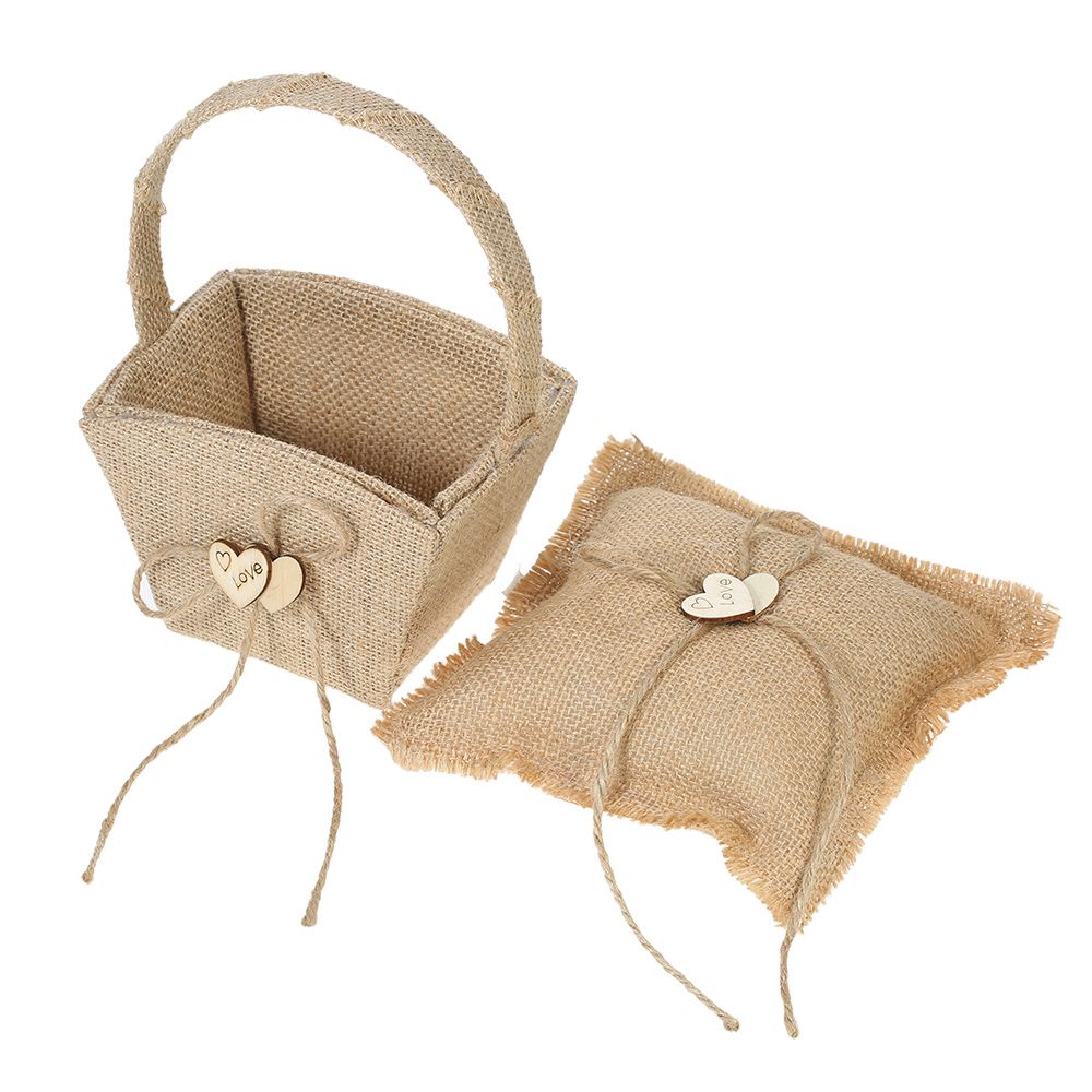 6 * 6 inches Vintage Burlap Double Heart Ring Bearer Pillow and Rustic Wedding