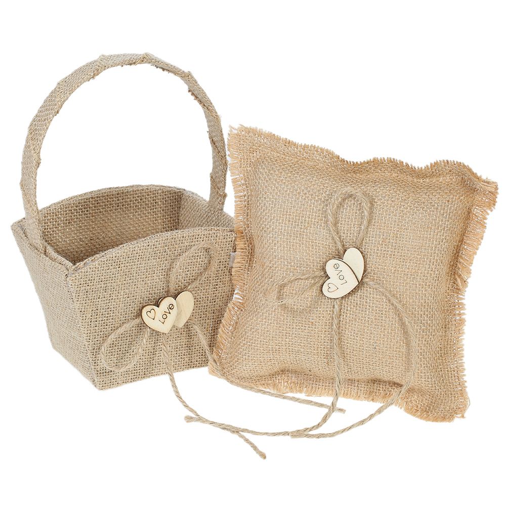 6 * 6 inches Vintage Burlap Double Heart Ring Bearer Pillow and Rustic Wedding view 2