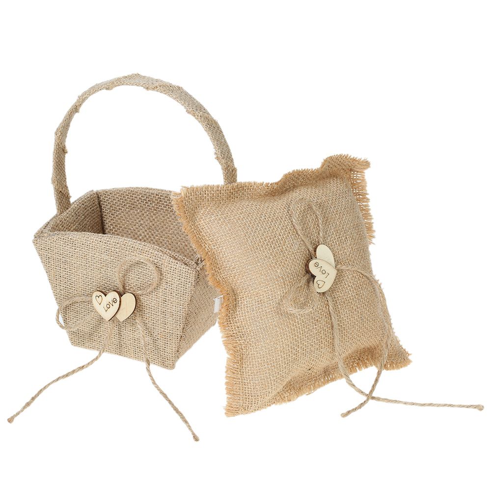6 * 6 inches Vintage Burlap Double Heart Ring Bearer Pillow and Rustic Wedding view 3